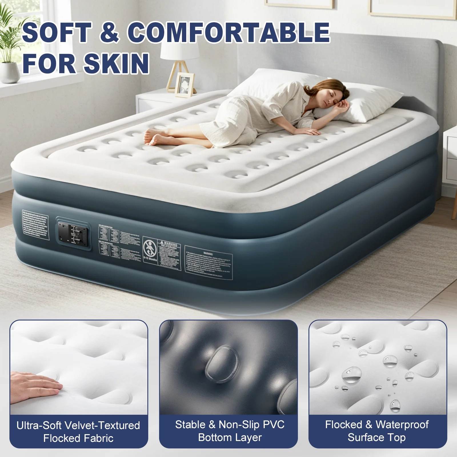 Zimtown 18" Twin Air Mattress with Two Chamber, Elevated Inflatable Bed with Built-in Pump, Protable Airbed for Outdoor Indoor Camping, Gray & White - Image 9