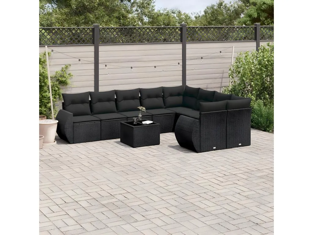 Set de sofás de jardín 10 pzas cojines ratán sintético negro