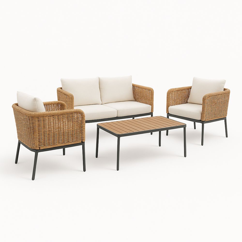 Sofá de jardín de 4 piezas con estructura de metal y mimbre,cojines beige,estilo moderno