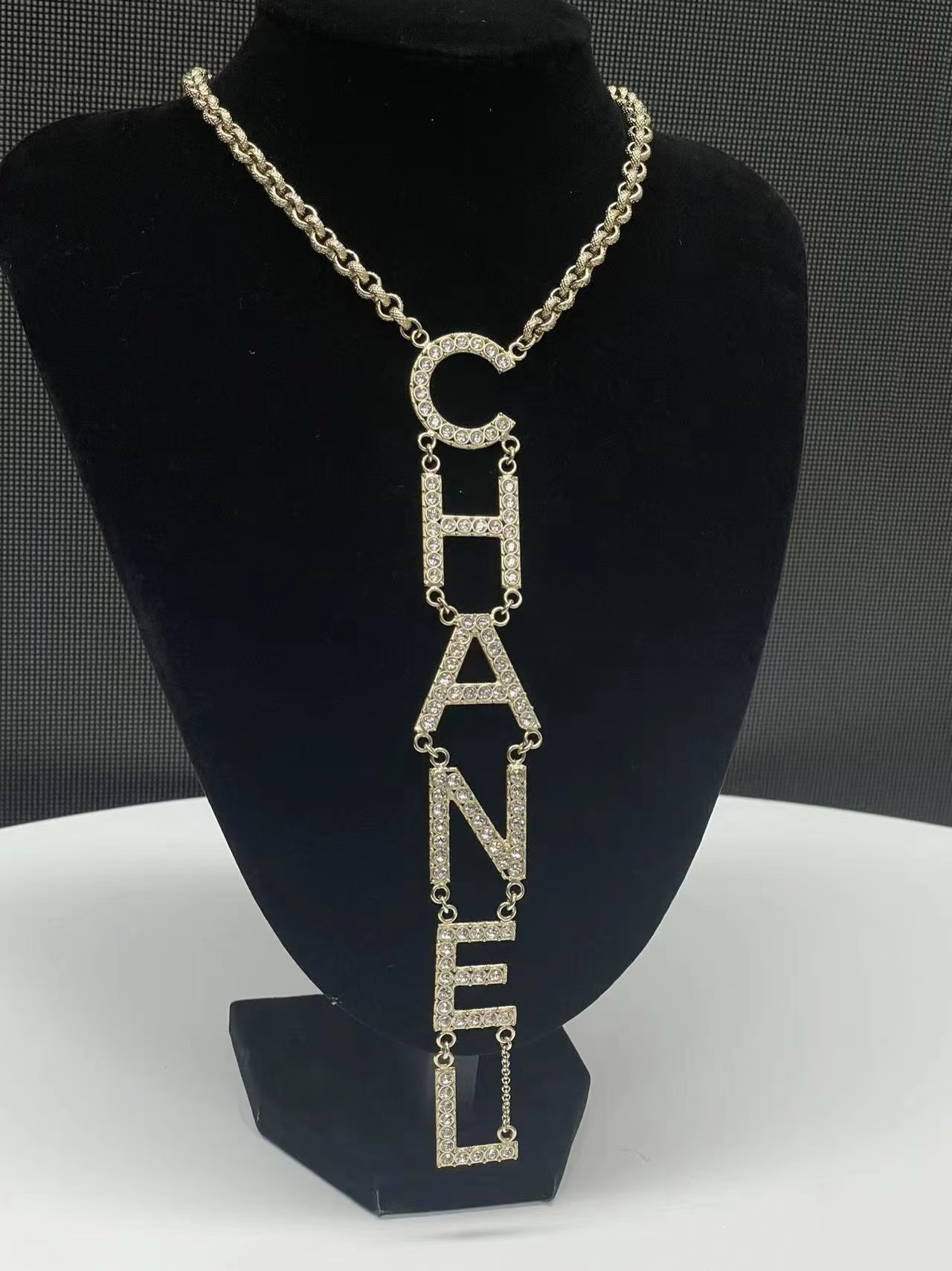 Chanel Light Gold Monogram Logo Drop Pendant Necklace - Original Replica Club