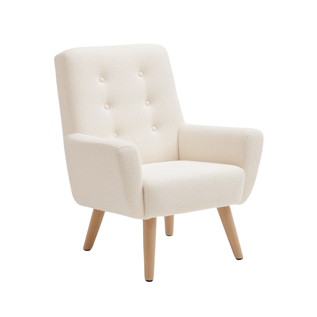 Sillón tapizado en tela crema con patas de madera 66x75 cm