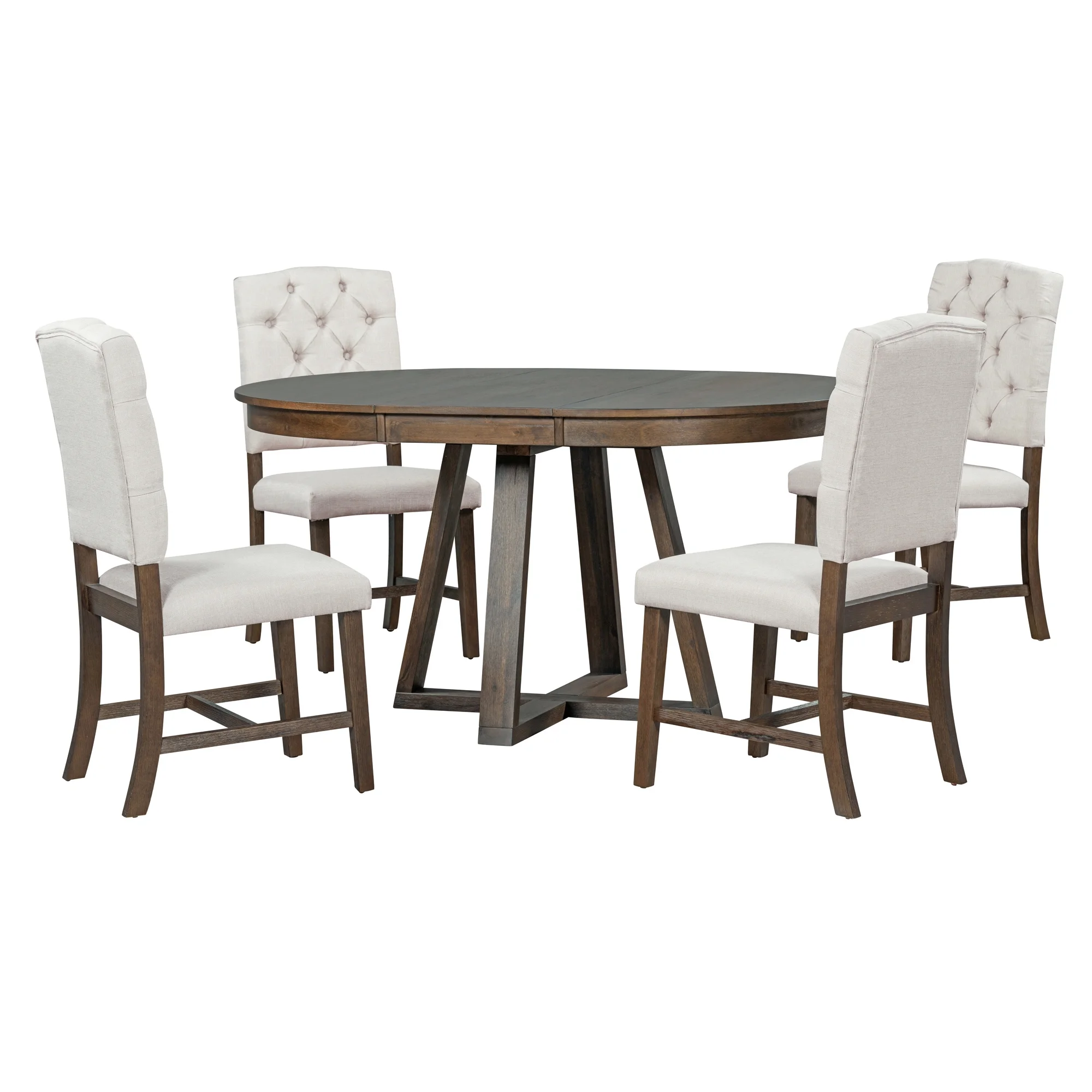 5 Piece Round Dining Table Set, Dining Room Set with Extendable Table and 4 Upholstered Chairs, Wood Dining Table Set for 4, Farmhouse Dining Table Set for Kitchen Dining Room Dorm Apartment, Brown - Image 15