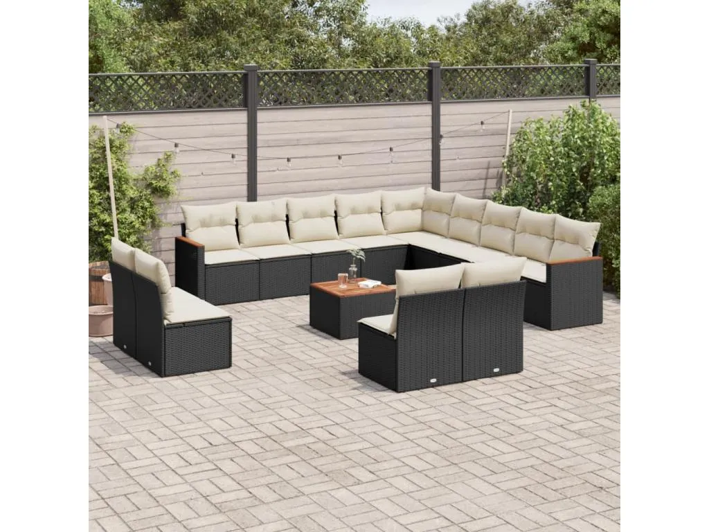 Set sofás de jardín 14 piezas con cojines ratán sintético negro