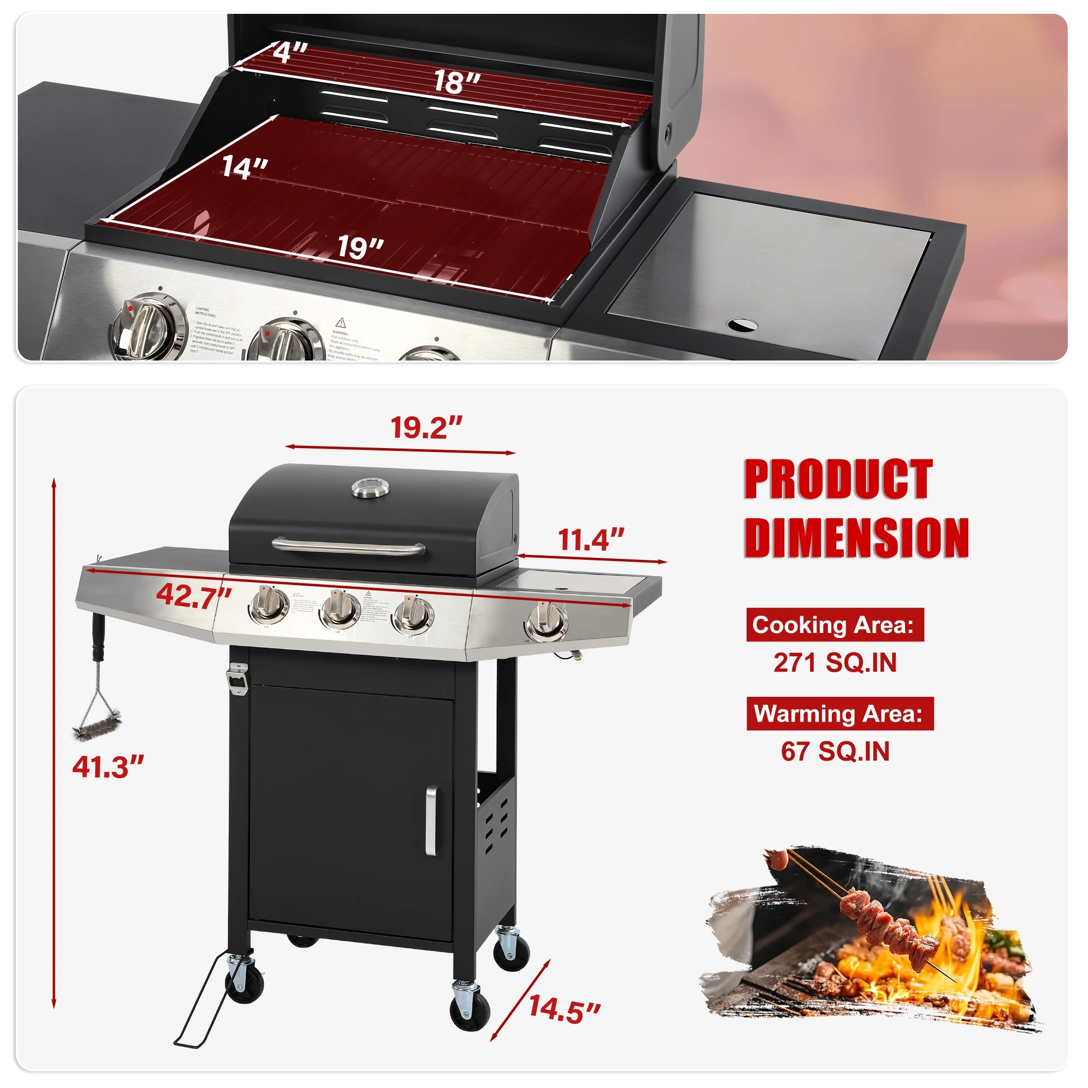 4-Burner Gas Grill with 4 Universal Wheels & Bottle Opener, 40000BTU Outdoor Grill with Side Table for Camping, Black & Sliver - Image 12
