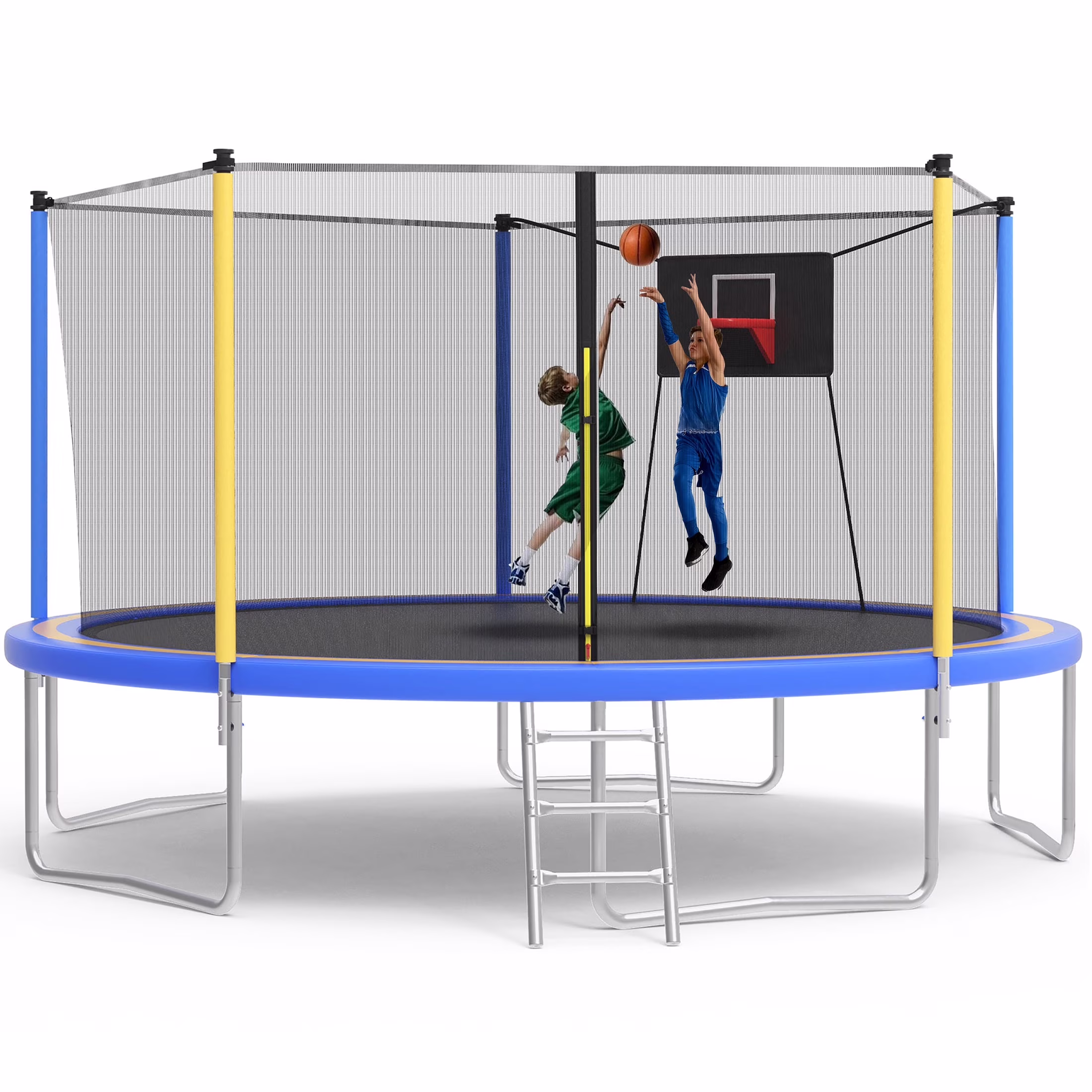 SHINPT 14ft Trampoline for Kids, Outdoor Trampoline with Net, Big Trampoline with Basketball Hoop and Ladder, Heavy Duty Trampoline with No-gap Design, Backyard Trampolines for Adult