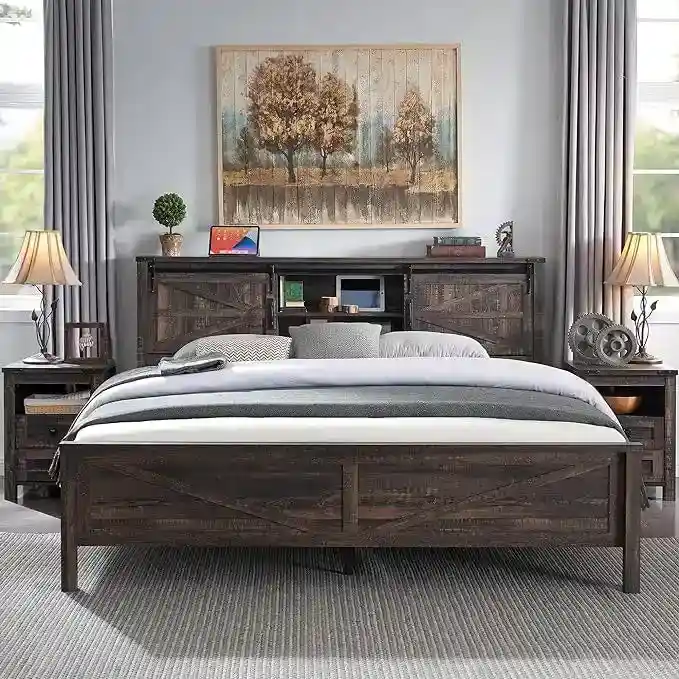 Farmhouse Platform Bed with Storage Headboard Sliding Doors and Charging Station