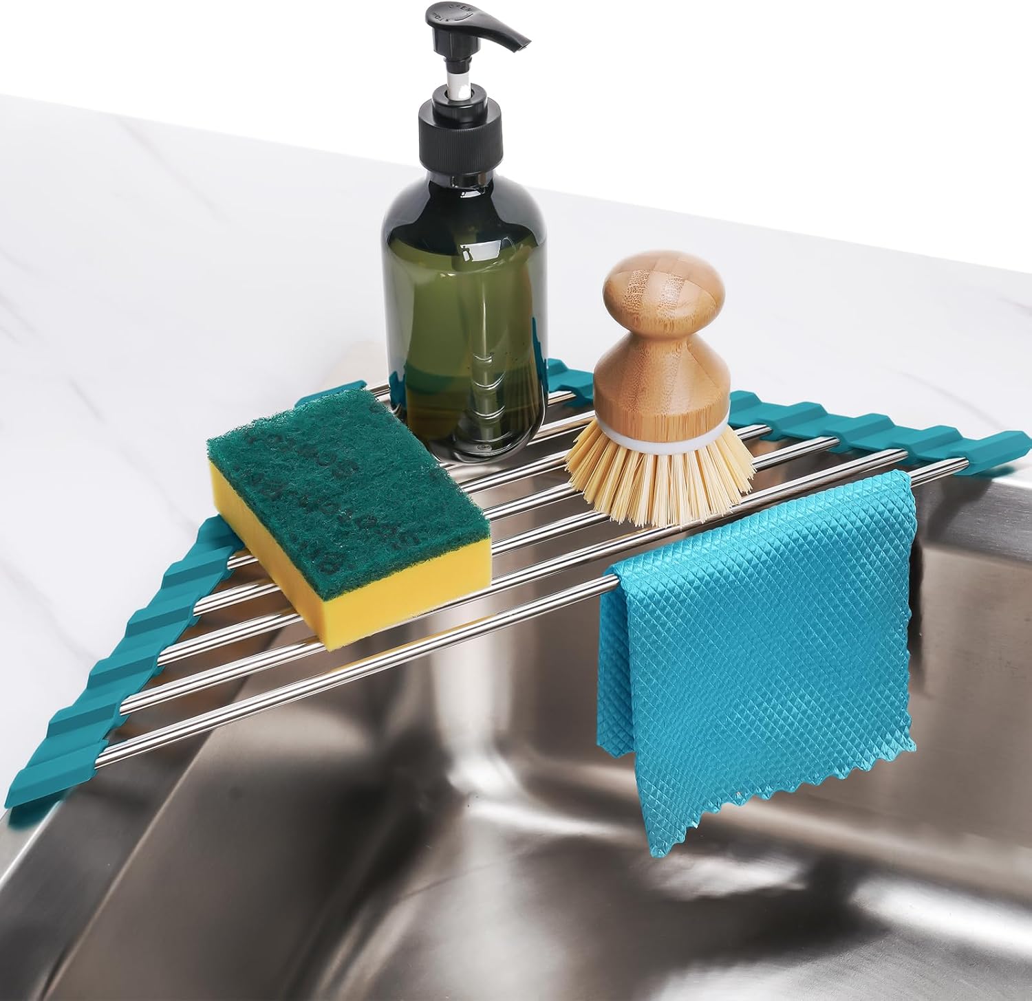 Tomorotec Marble Triangle Roll-Up Dish Drying Rack for Sink Corner - Small, Foldable, Stainless Steel, Multipurpose Kitchen Drainer Caddy, Trivet, Rustproof Organizer, Storage Shelf