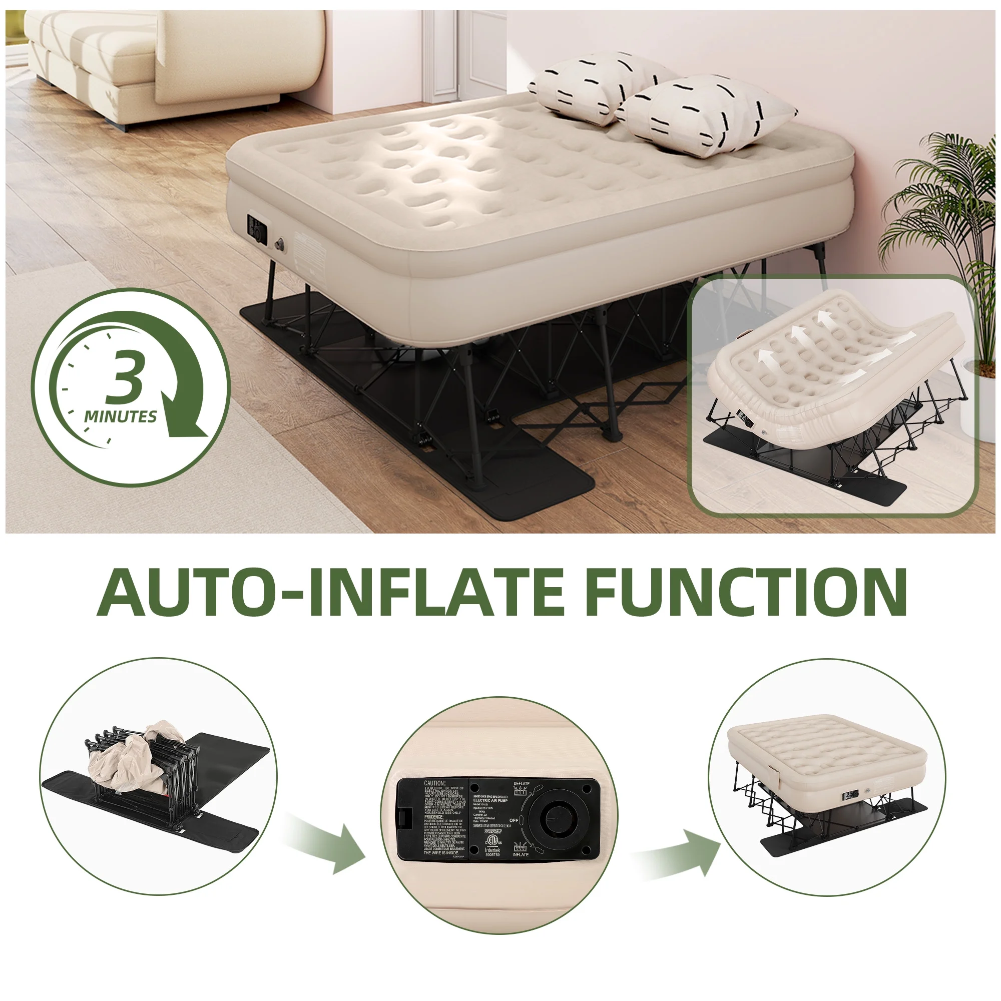 Uforic Inflatable Queen Air Mattress with Built-in Pump, Frame, Velvet Surface & Portable Storage Case, Khaki - Image 4