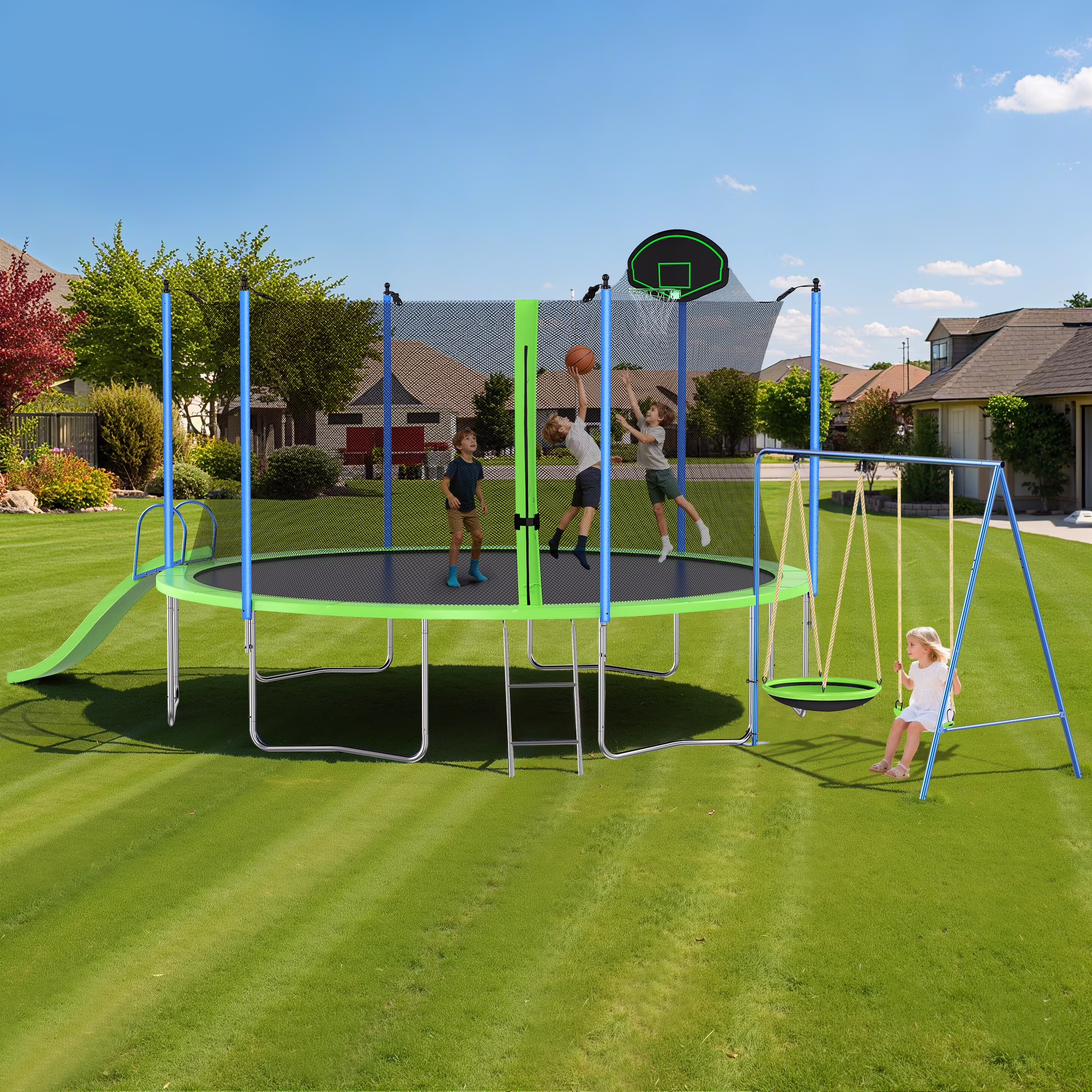 12FT Trampoline with Slide, Swings, SEGMART Recreational Trampoline with Basketball Hoop and Ladder, Heavy Duty Outdoor Backyard Trampoline with Net for Kids and Adults, Green(Green-12FT)
