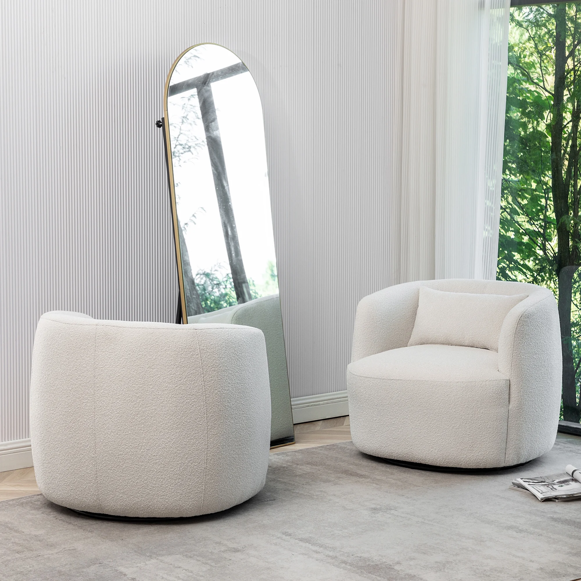 34" Wide Boucle Swivel Barrel Chair, No Assembly Round Upholstered Armchair Accent Chair Single Sofa Chair with Toss Pillow for Living Room and Bedroom, Taupe - Image 16