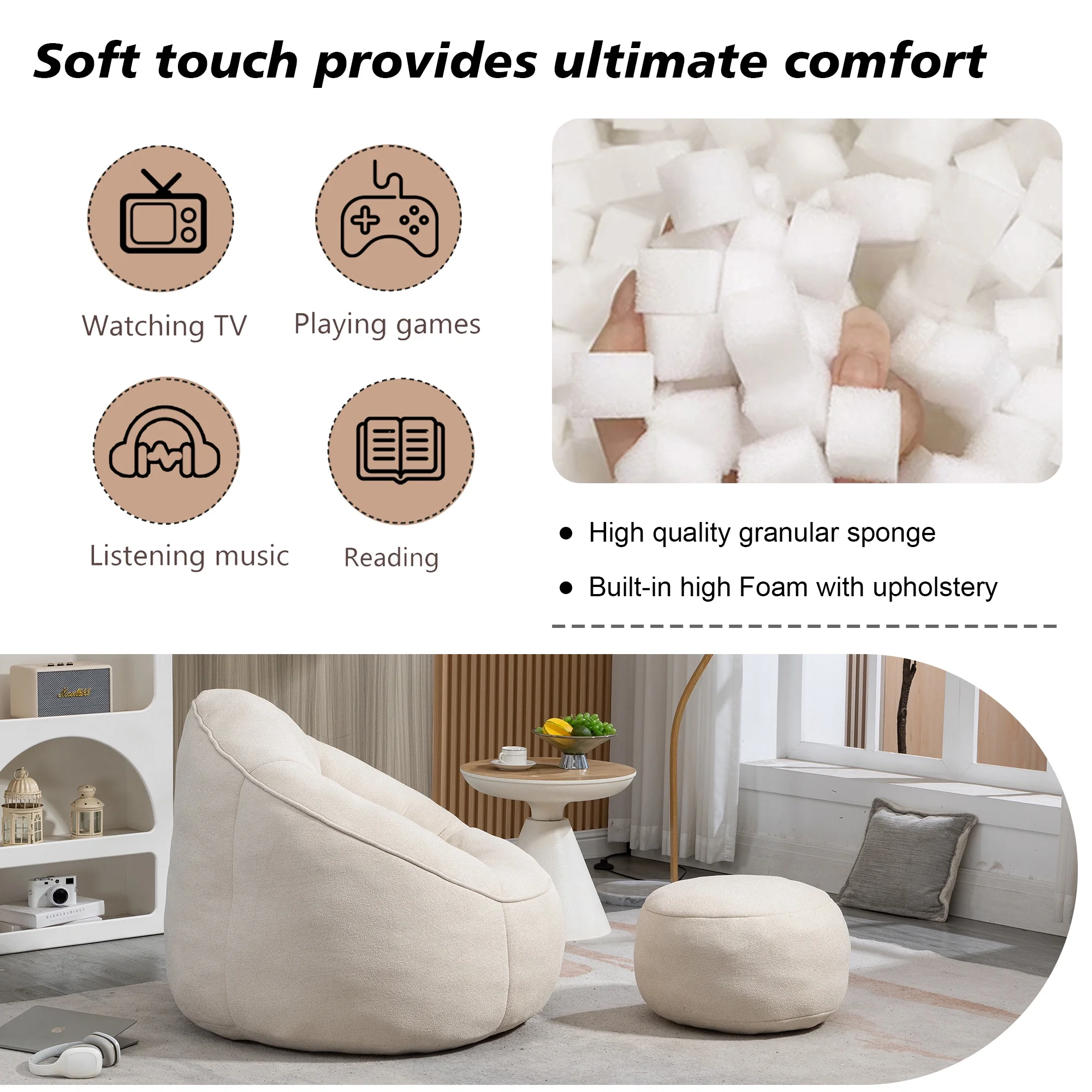 MOONMISS Microfiber Upholstered High Pressure Foam Round Lazy Bean Bag Sofa Chair with Ottoman-Gray - Image 29