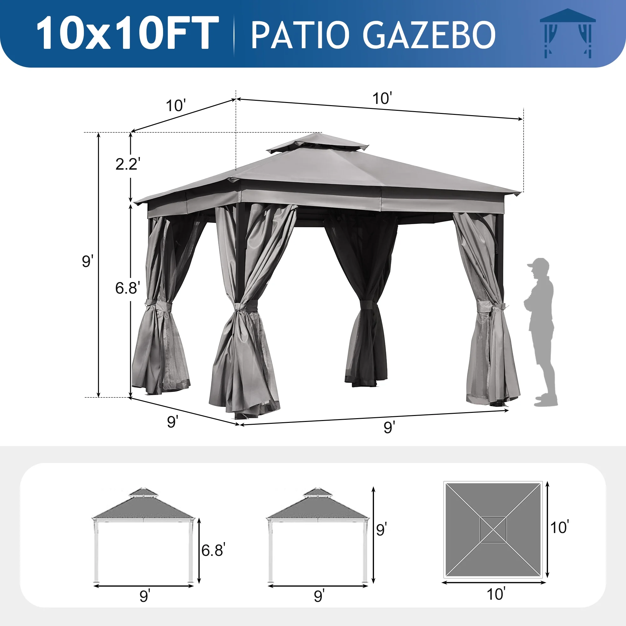 10'x10' Outdoor Gazebo,Patio Gazebo with Mosquito Netting and Privacy Screens for Backyard, Garden, Lawn and Deck,Grey - Image 4