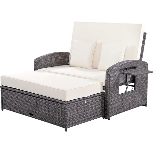 Harper & Bright Designs Rattan Outdoor Double Lounge Chaise 2-Person PE Wicker Outdoor Patio Sunbed with Canopy Cover for Backyard Garden Balcony, Beige+Black - Image 32