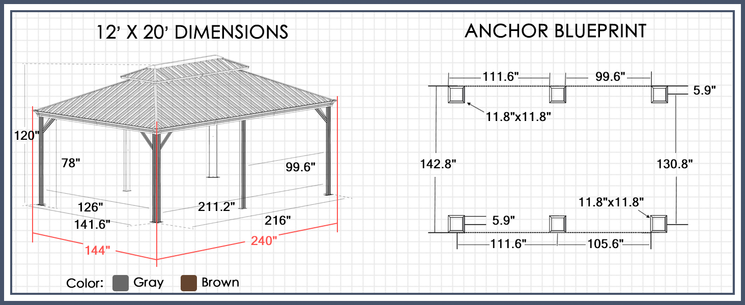 12' X 20' Gazebo Dimensions and Anchoring Blueprint