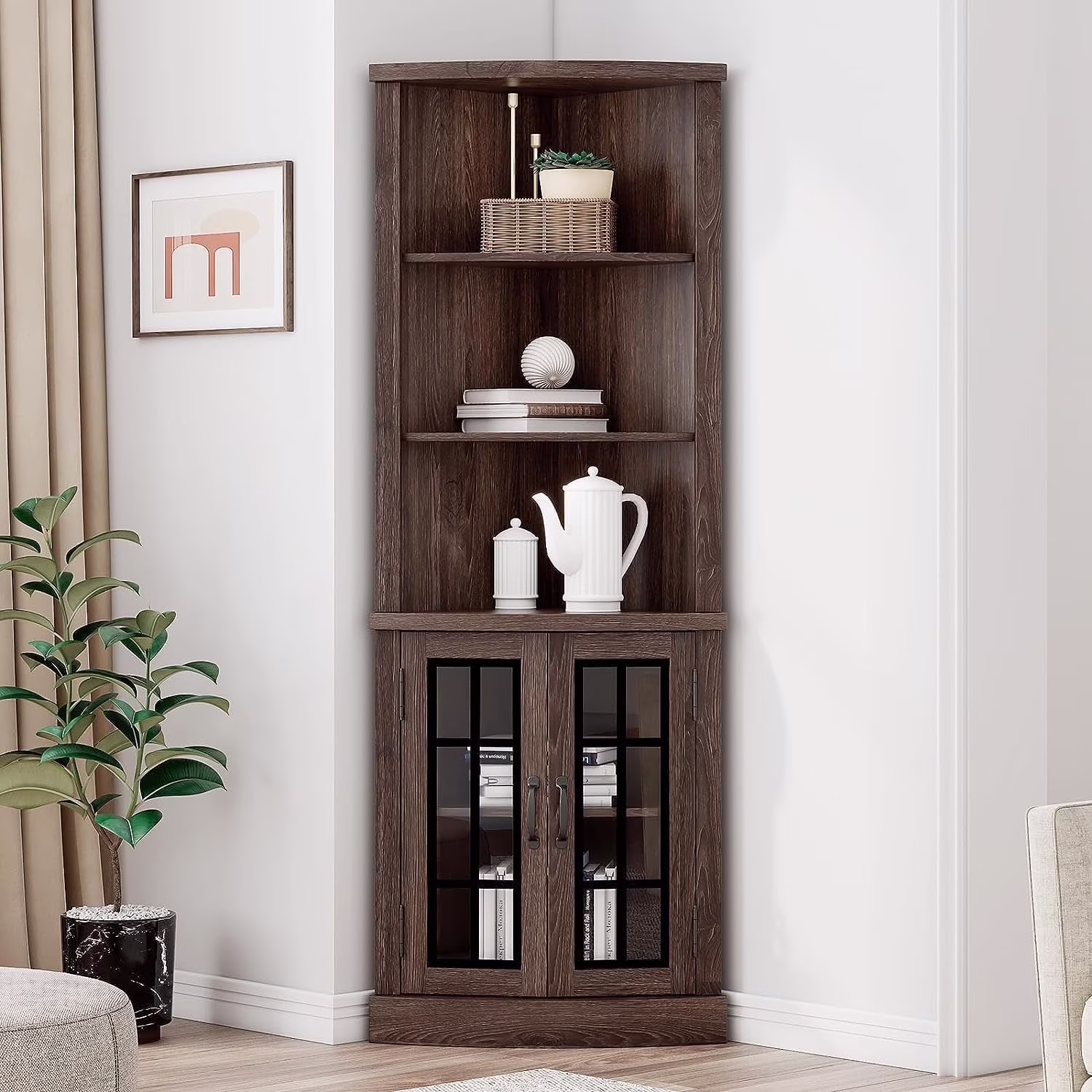 Merluxy Curved Corner Cabinet, 65" Wood Bookcase with 3 Shelves, Distressed White - Image 3