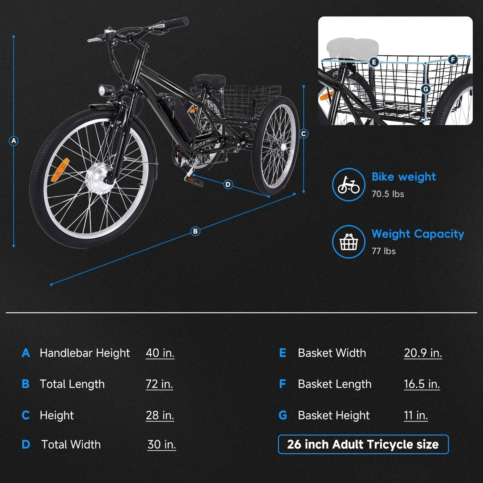 26 Inch Adult 3 Wheel Electric Tricycle With Basket, Fat Tires, 7 Speeds, 350W Motor, 36V 10Ah Battery - BICYCLE - Image 9 26 Inch Adult 3 Wheel Electric Tricycle With Basket, Fat Tires, 7 Speeds, 350W Motor, 36V 10Ah Battery - BICYCLE - Image 9