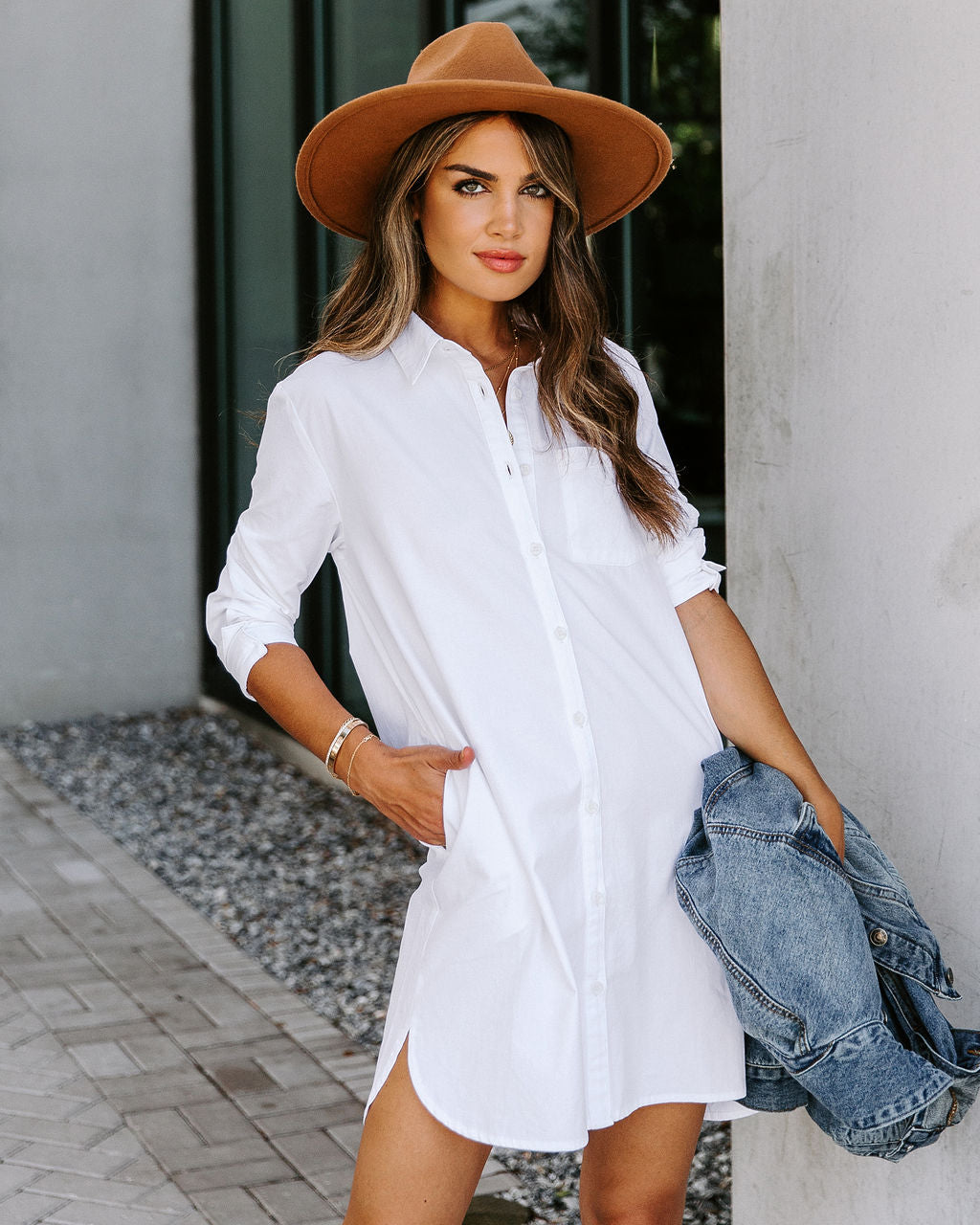 Risky Business Pocketed Button Down Shirt Dress - White - Se7enfashion