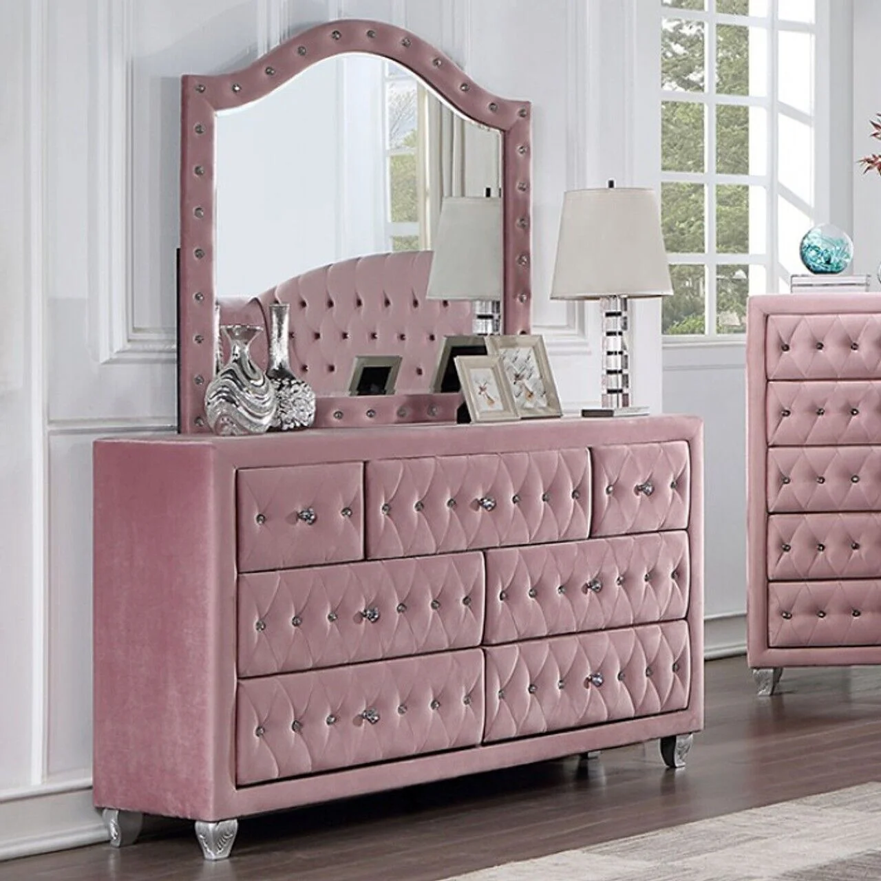 Glam Pink Upholstered Tufted Velvet Like Fabric 4pc Full Size Bed Set Dresser Mirror Nightstand Bedroom Furniture - Image 2
