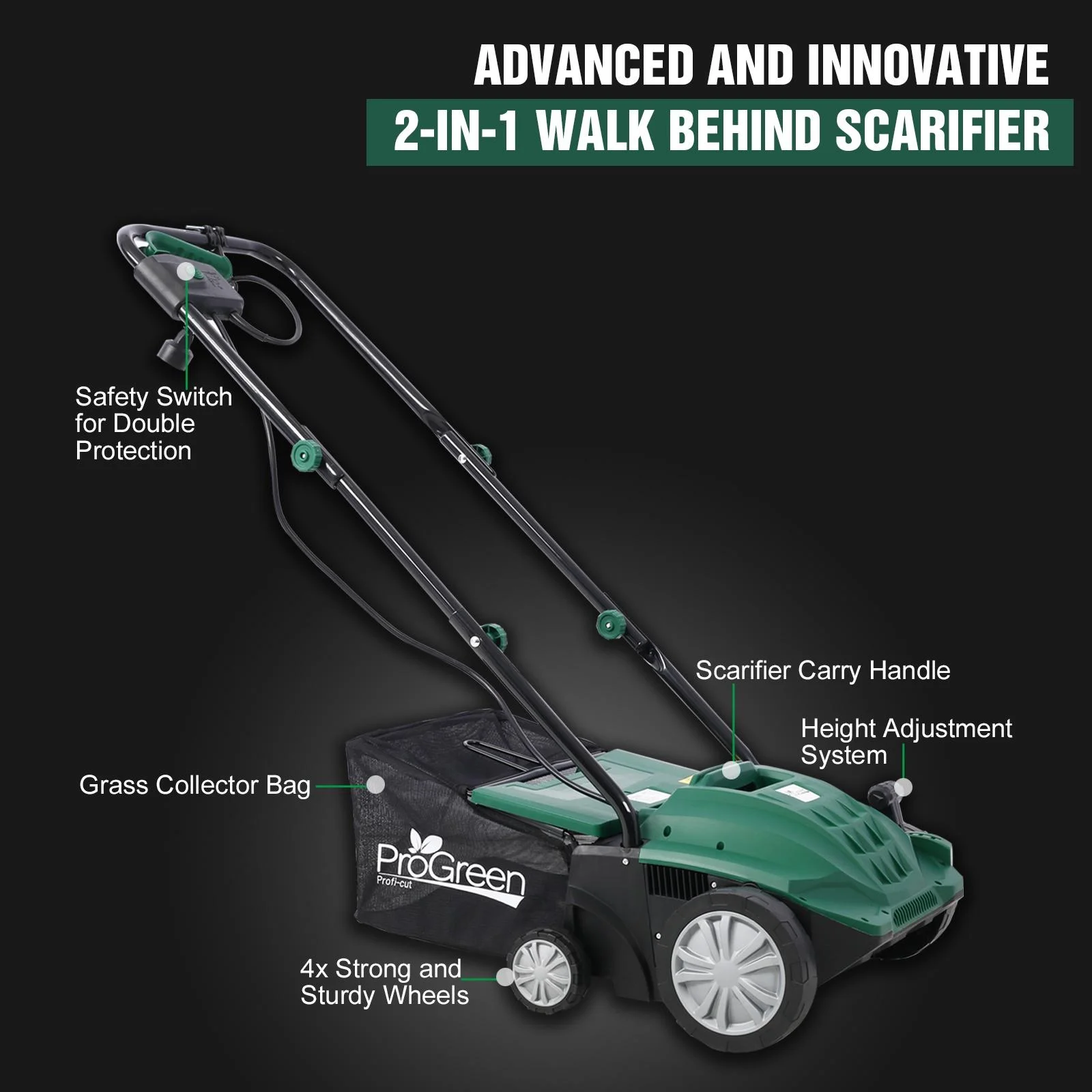 Dethatcher and Scarifier, Seizeen 16-Inch Lawn Dethatcher Scarifier 2-IN-1 Gardening Equipment, Powerful 15 Amp Electric Dethatcher & Scarifier, Height Adjustable, 58QT Removable Thatch Bag - Image 20