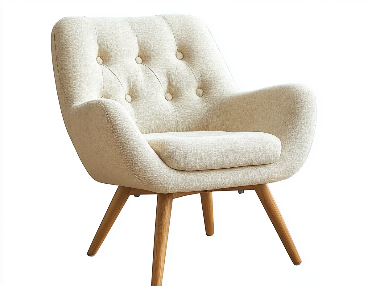 Sillón beige acolchado con patas de madera y respaldo capitoné