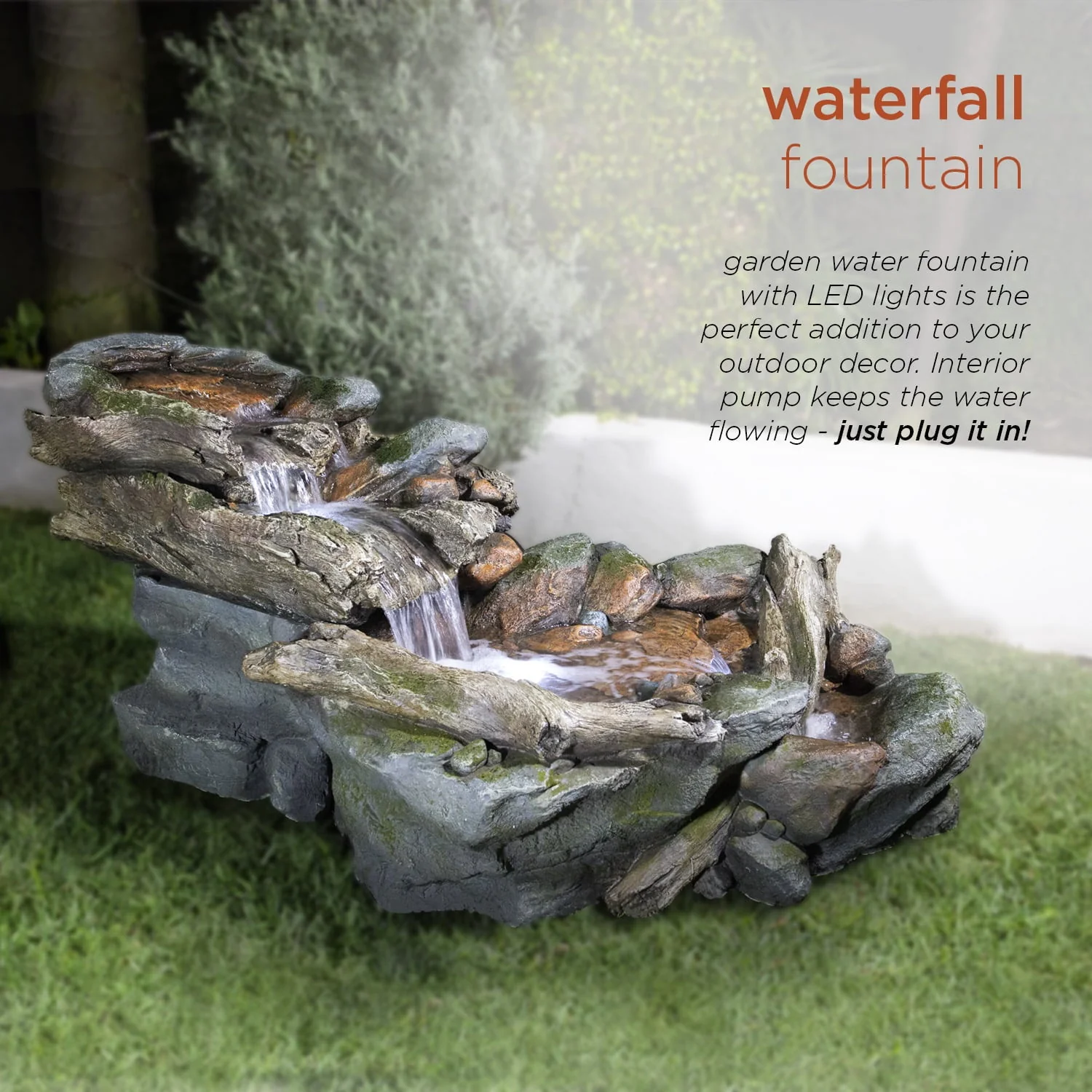 Alpine Corporation Outdoor 3-Tier Rainforest Rock Water Fountain with LED Lights - Image 4