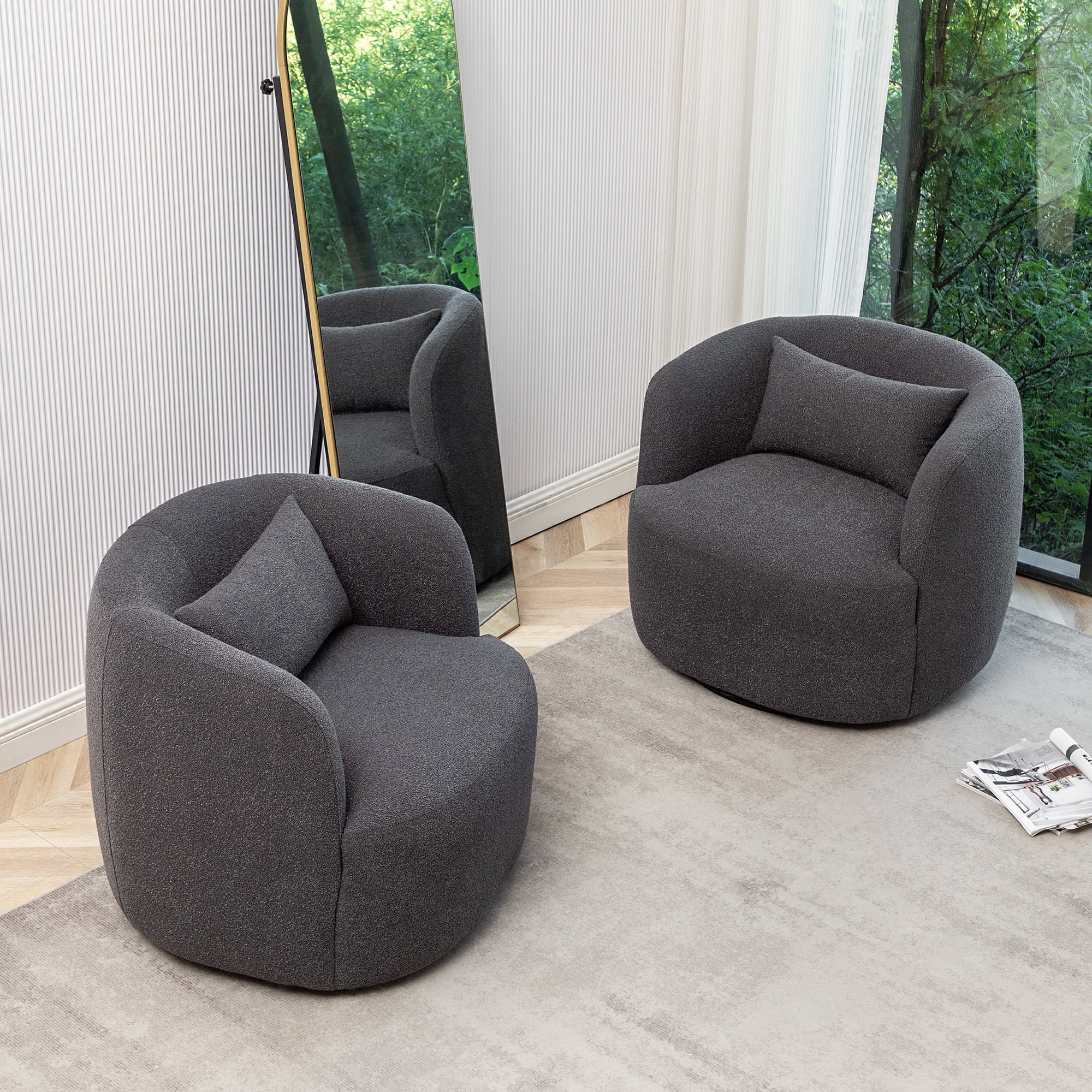 34" Wide Boucle Swivel Barrel Chair, No Assembly Round Upholstered Armchair Accent Chair Single Sofa Chair with Toss Pillow for Living Room and Bedroom, Taupe - Image 31