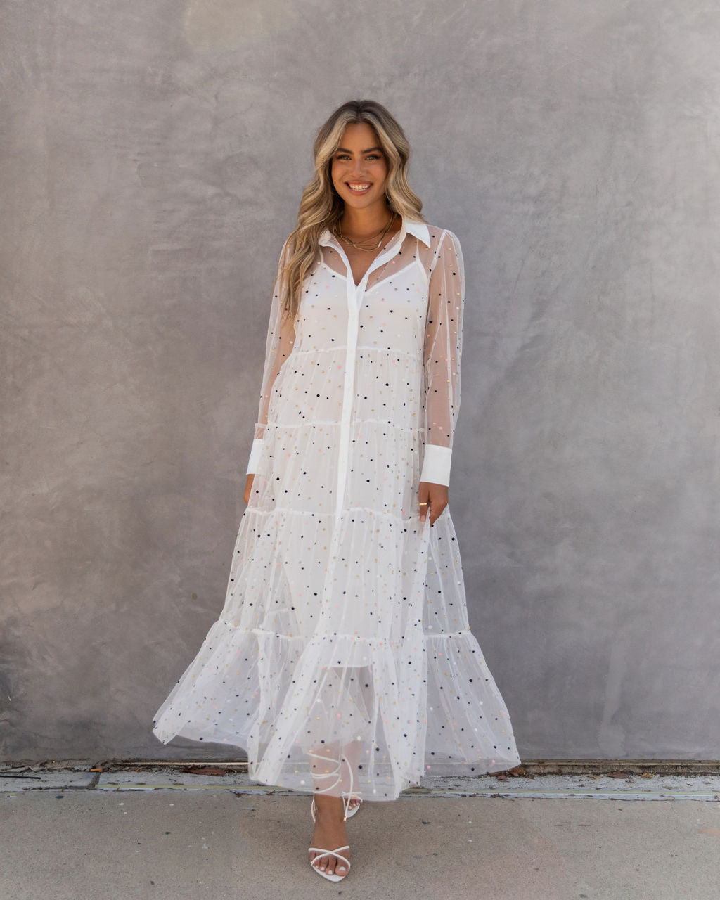 Joaquin Embroidered Mesh Tiered Maxi Dress - White - FINAL SALE - Se7enfashion