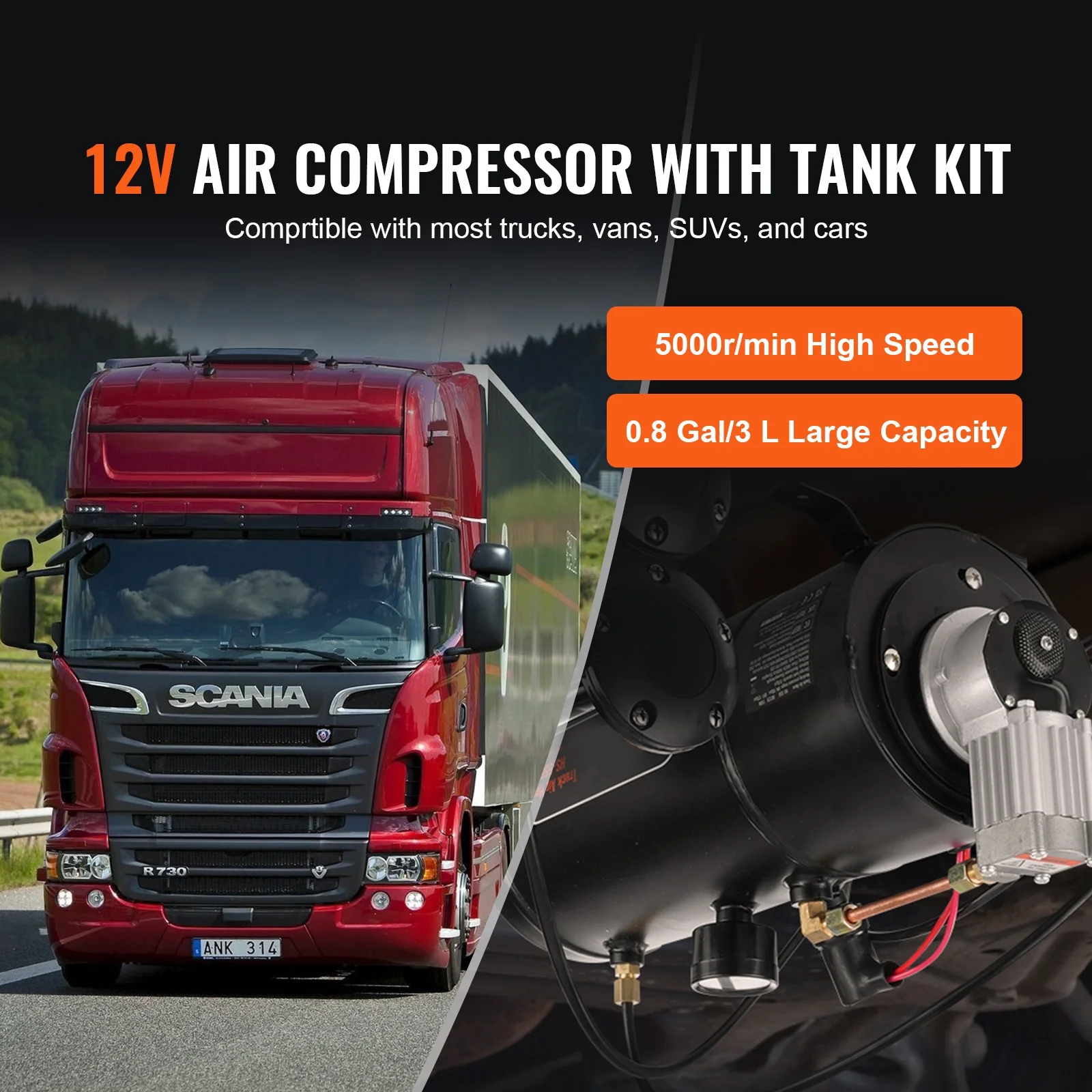 KFFKFF 12V Air Compressor System, 0.8 Gal/3L Tank, 120 psi, Ideal for Train Horns, Tire Inflation, and Air Mattresses, Onboard Compressor with Tank - Image 3