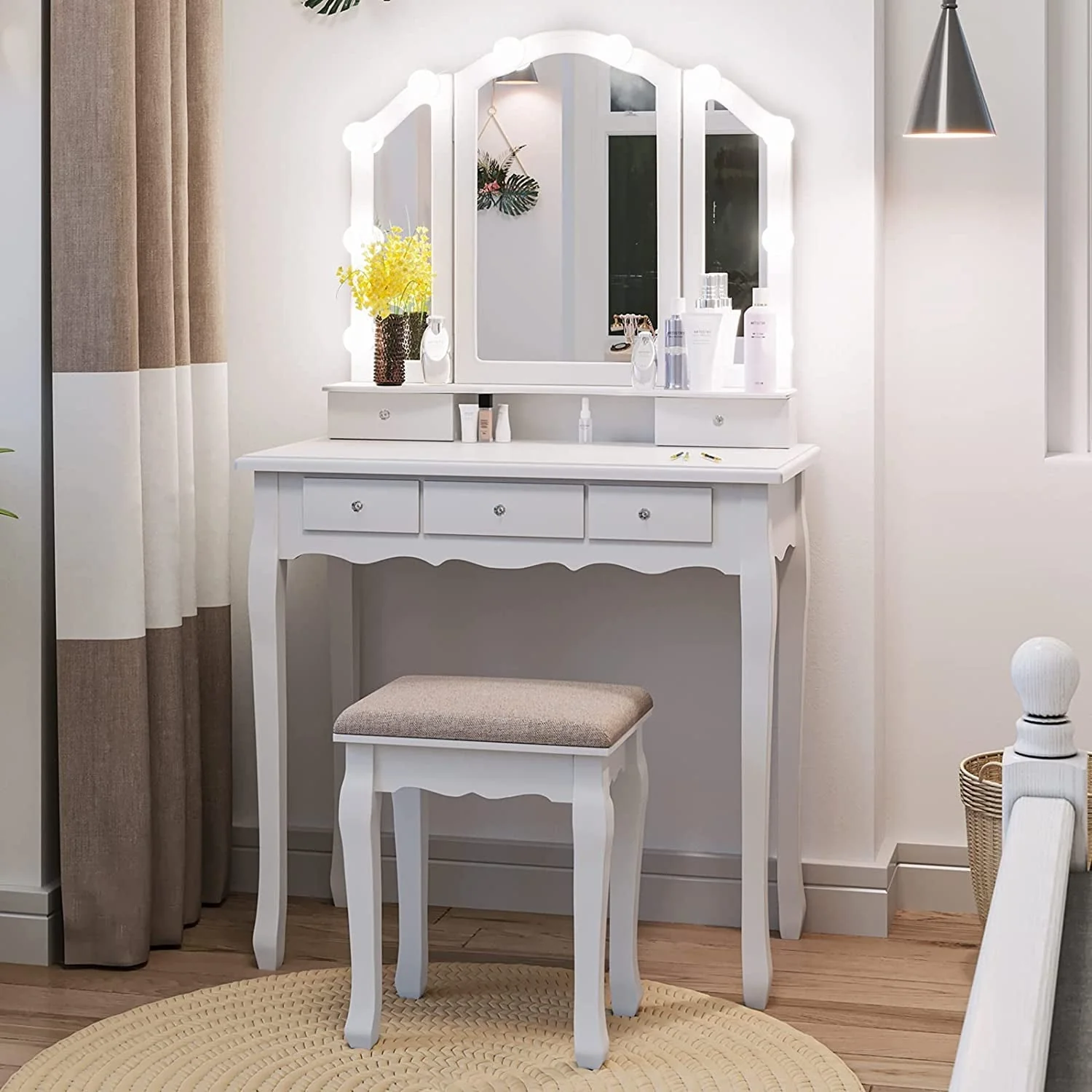 Vanity Table Set with Lighted Tri-Folding Mirror and Cushion Stool, White - Image 3