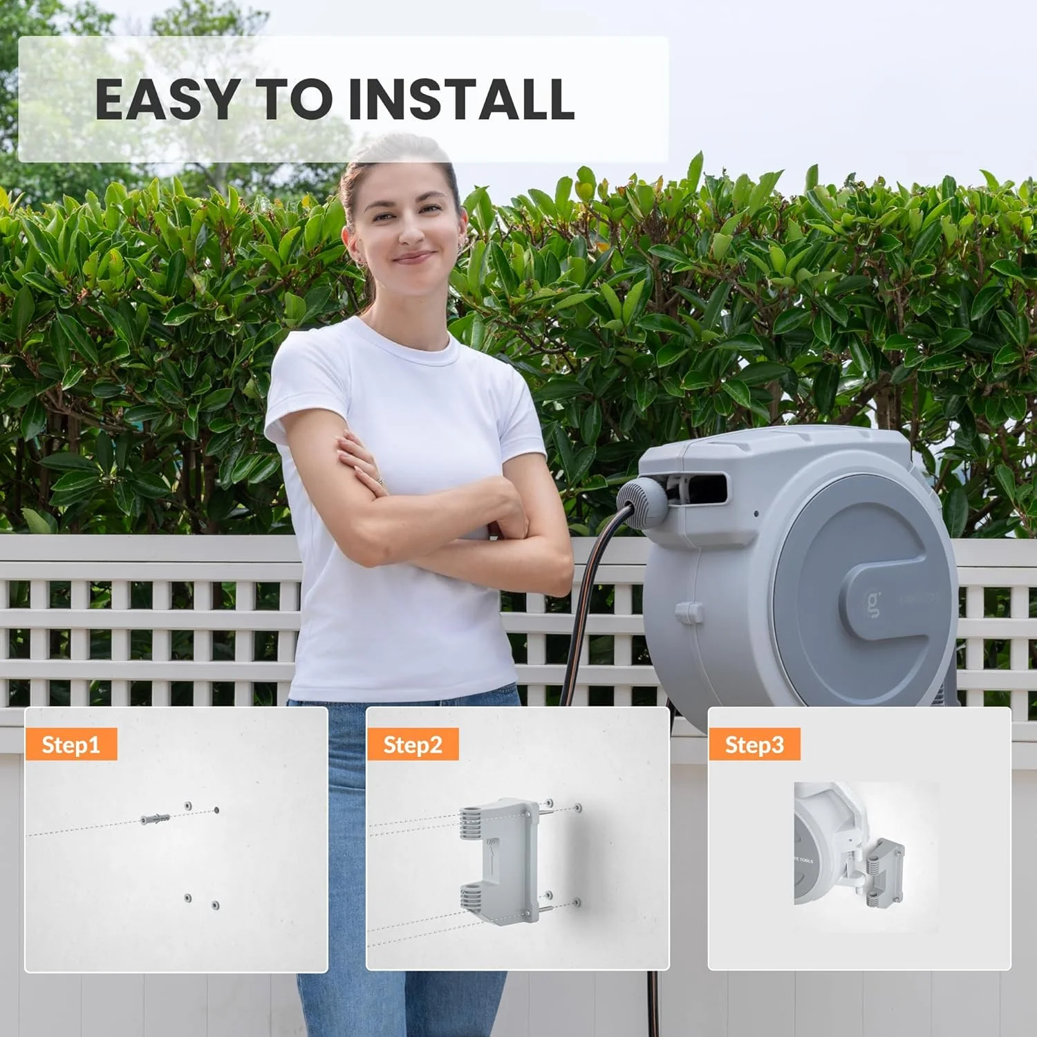 Giraffe Tools Retractable Garden Hose Reel with 1/2in-100ft Water Hose, Plastic Bracket, Wall Mounted, Dark Grey - Image 58