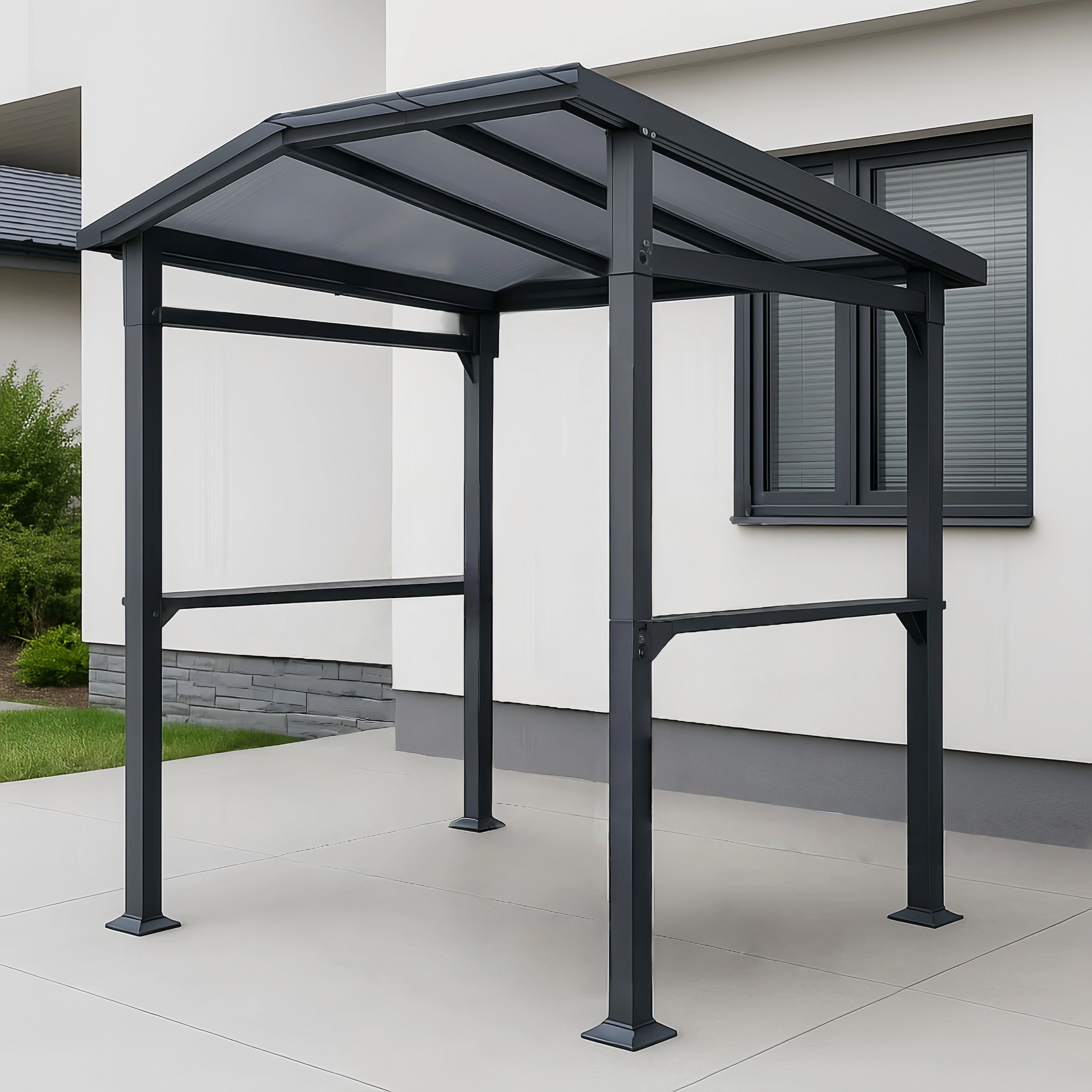 Caseta para barbacoa exterior de aluminio negro con cubierta para terraza de 220 x 140 x 230 cm