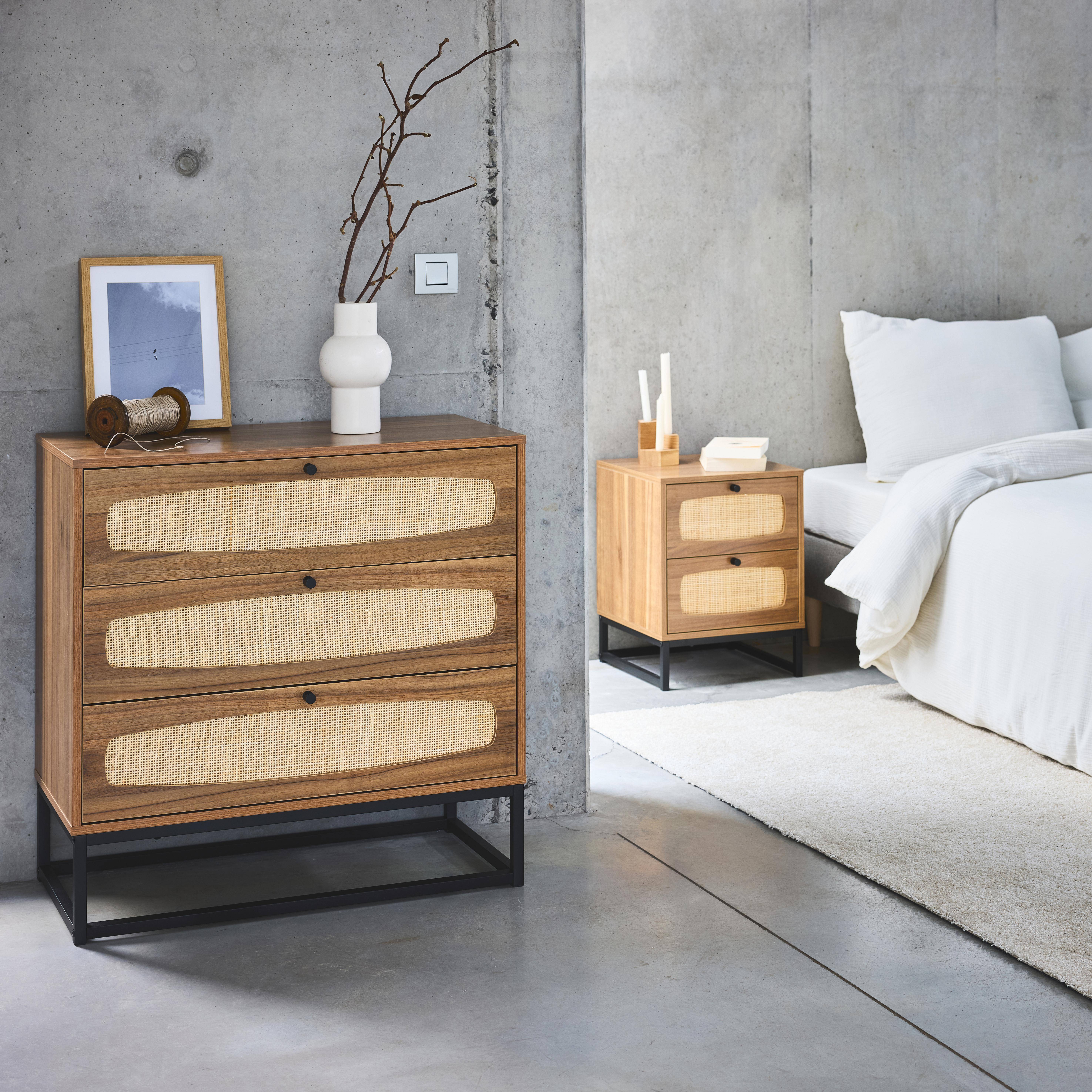 Retro - Cómoda de madera y caña, 3 cajones