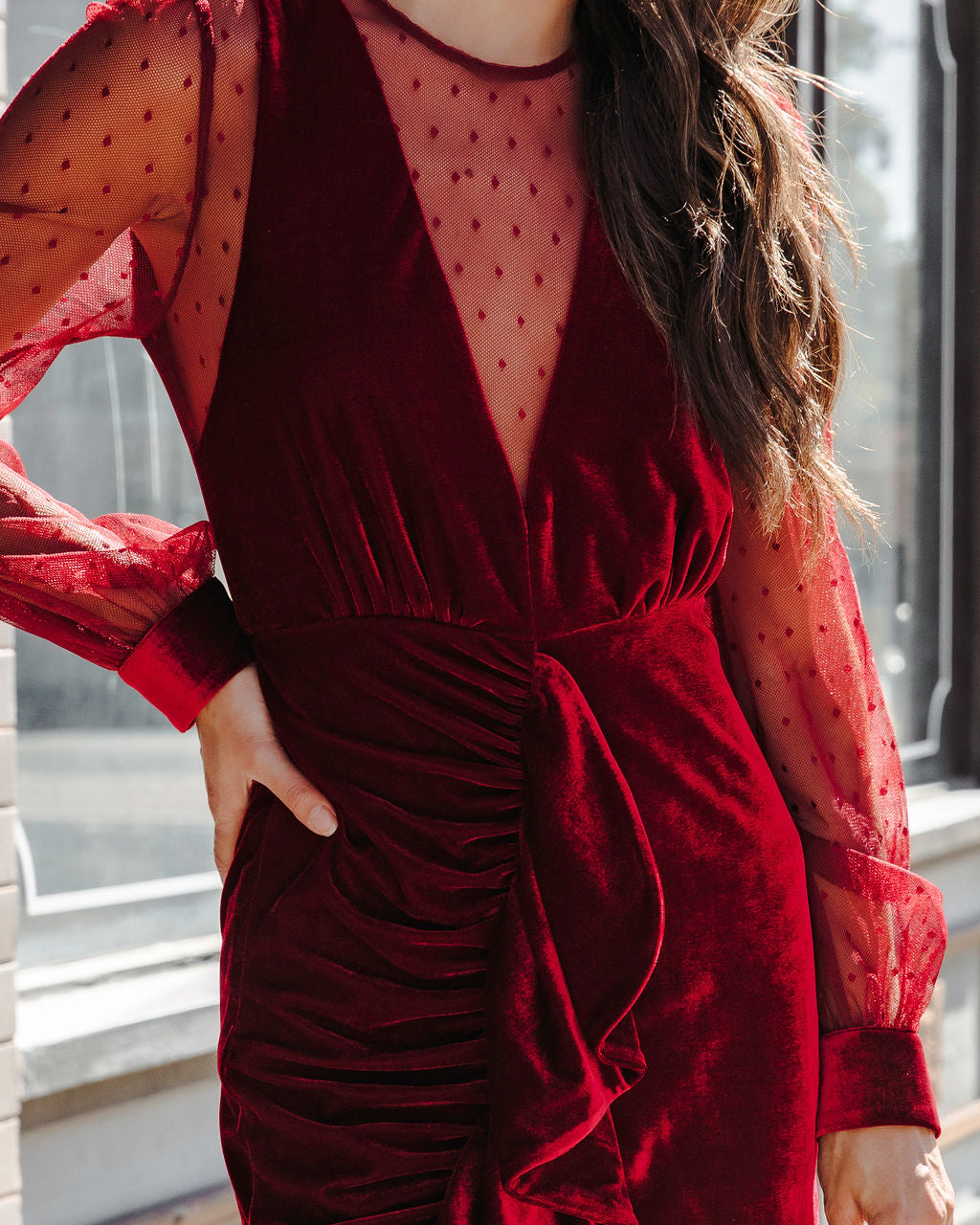 Saint Clara Sheer Velvet Ruffle Mini Dress - Burgundy - Se7enfashion