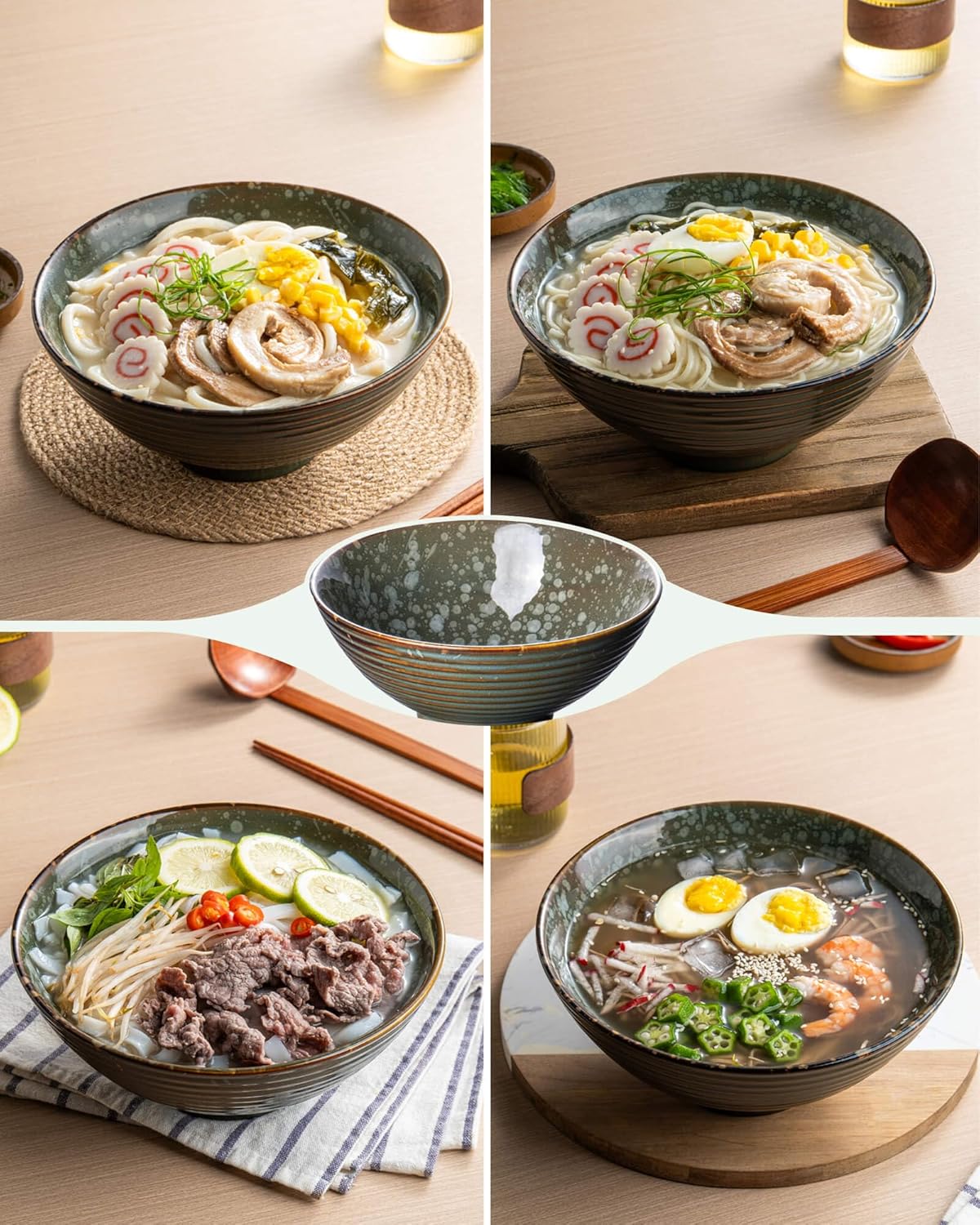 8 Inch 40oz Large Japanese Ramen Bowl Set of 2,Material Safety Ceramic Ramen Bowls with Matching Chopsticks and Spoons, Pho Bowls Ramen Noodle Bowl for Asian Udon Soup Salad Cereal(Green)