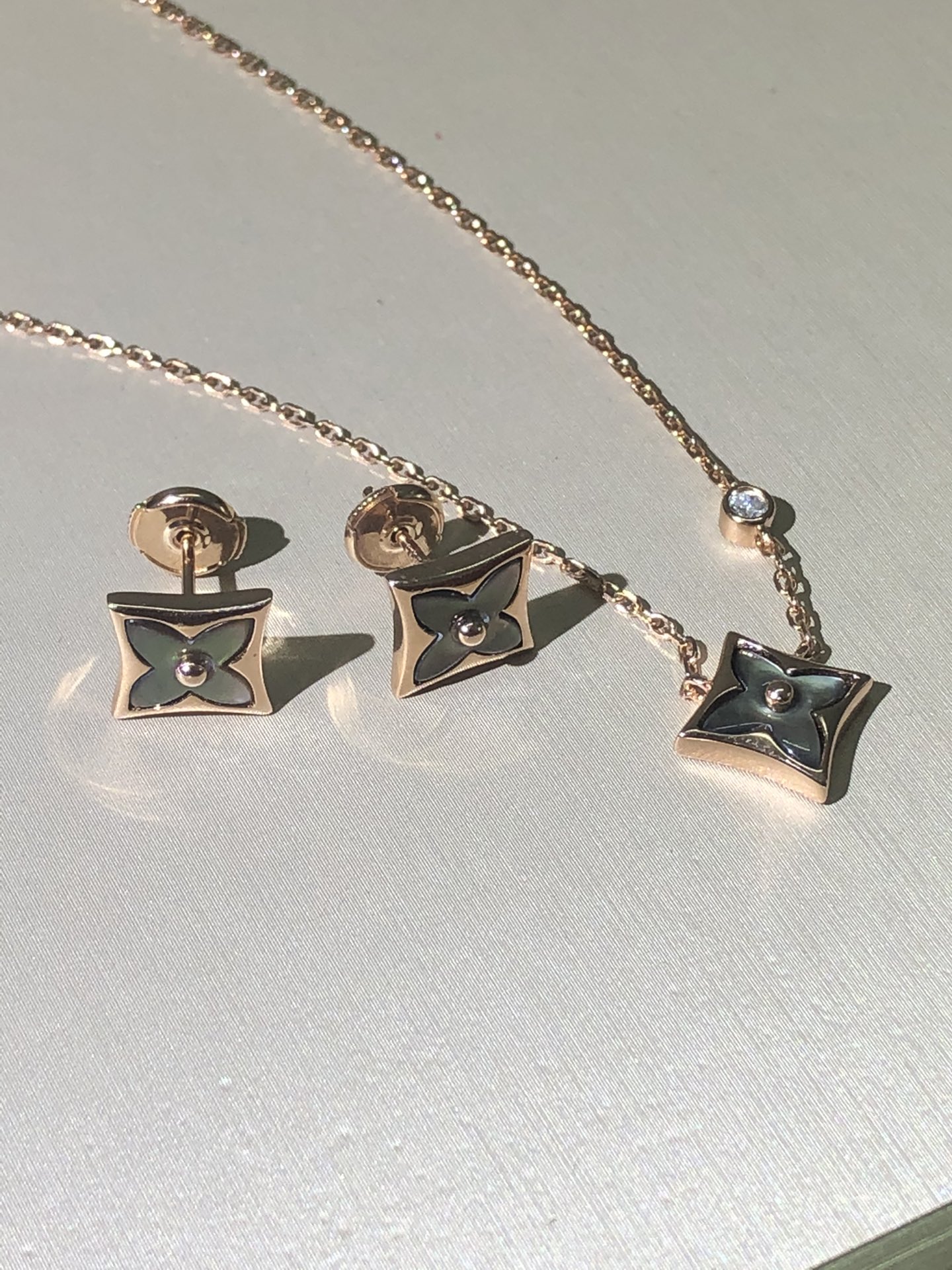 Louis Vuitton Rose Gold Gray Mother of Pearl Earrings Bracelet Necklace - Original Replica Club