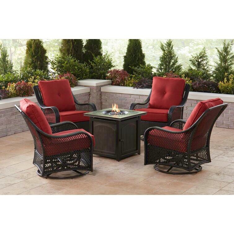 💥Clearance Sale🔥5-Piece Steel Patio Fire Pit Conversation Set with Navy Blue Cushions, Swivel Gliders and Square Fire Pit Table