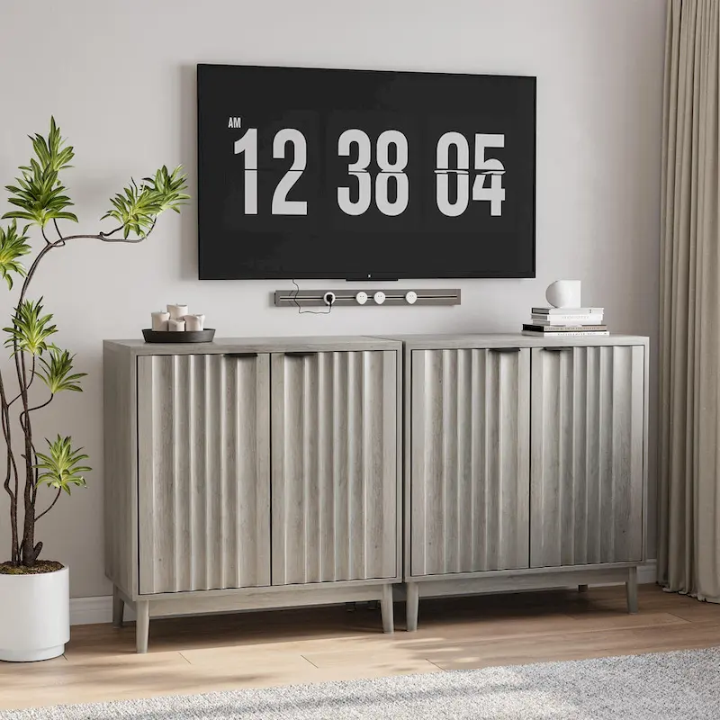 Freestanding Wash Grey Fluted Sideboard Cabinet with Adjustable Shelf - Stylish Wood Storage Solution