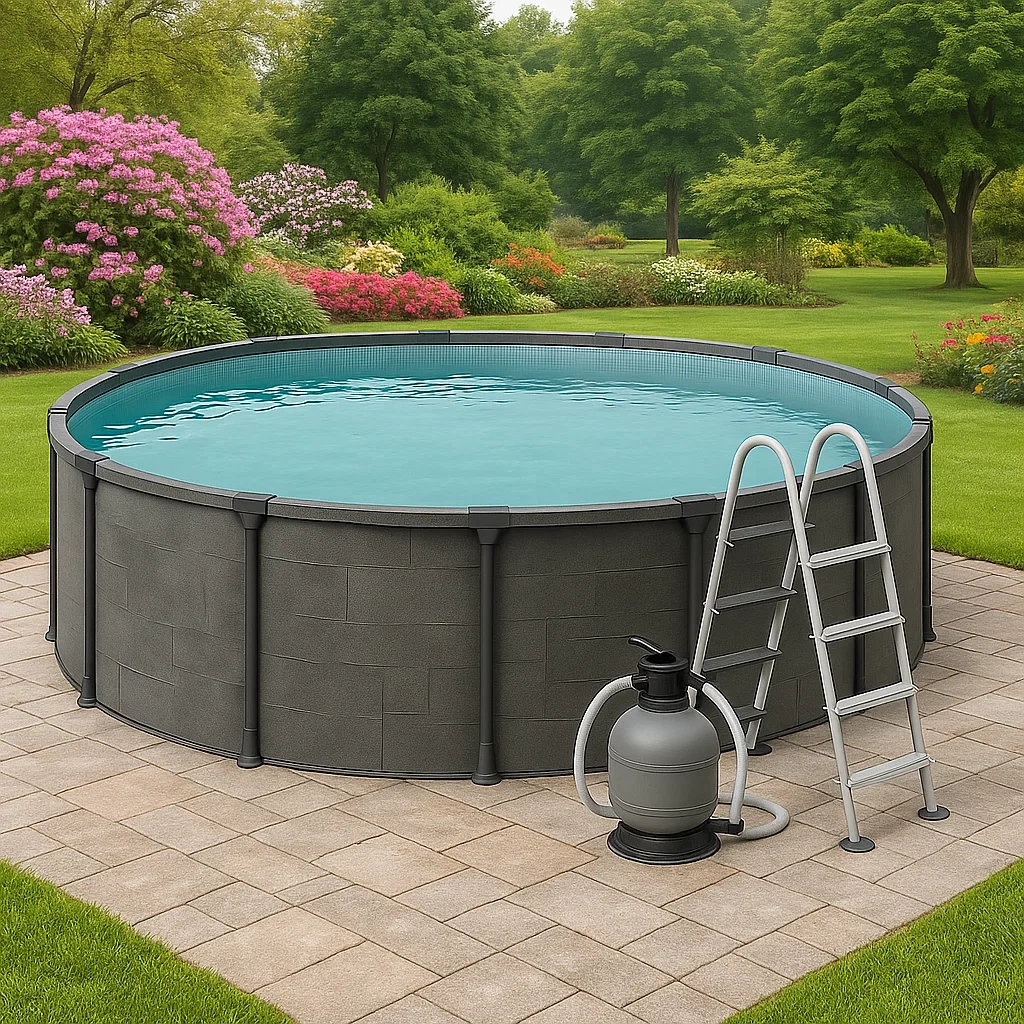 Piscina tubular redonda 448x105 cm, color gris, con filtro y escalera dqHizmL291IH