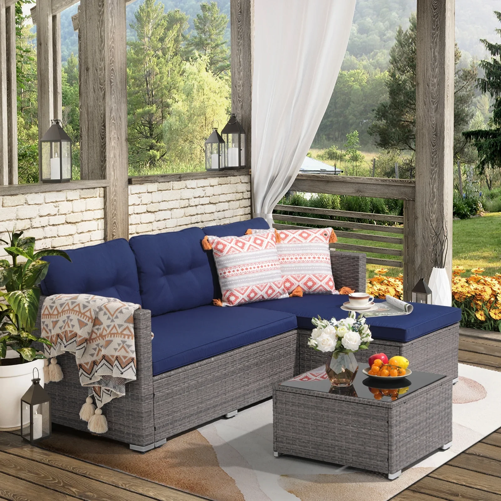 JOIVI 3 Pieces Patio Conversation Set, PE Wicker Rattan Outdoor Furniture Set, 2 Ways Small Sectional Sofa, Tempered Glass Coffee Table, Silver-Gray