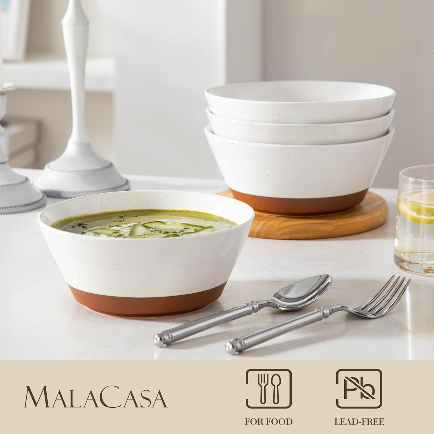 MALACASA Soup Bowls, Ceramic Salad Bowls Set of 4, 36oz Ceramic Bowls for Ramen, Cereal, Fruit and Pho, Microwave & Dishwasher Safe, Speckled Deep Bowls, Vanilla White & Brown