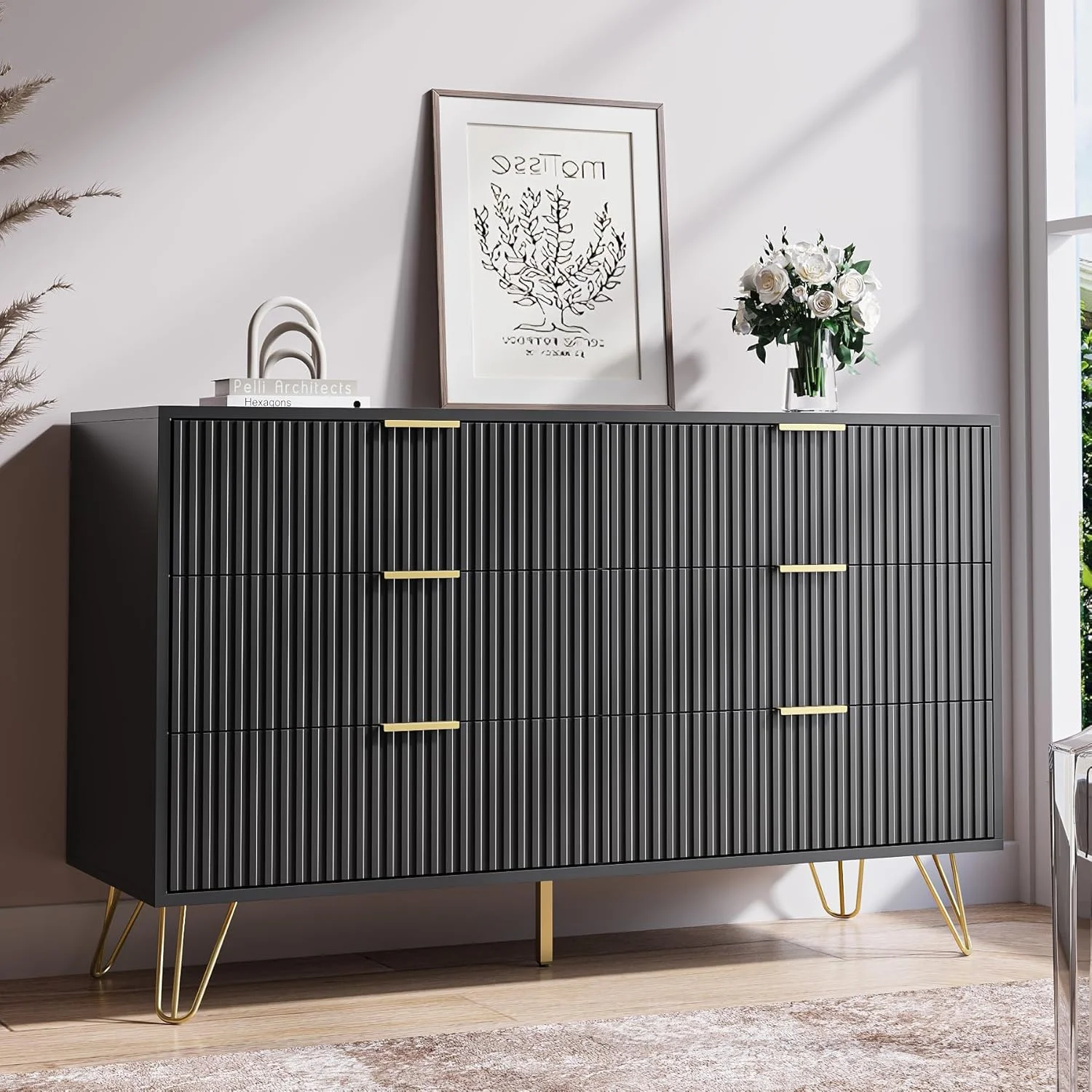 FURNIWAY White 6 Drawer Dresser for Bedroom, Modern Dresser with Gold Metal Handles,Fluted Wood TV Stand for Living Room, Hallway - Image 13