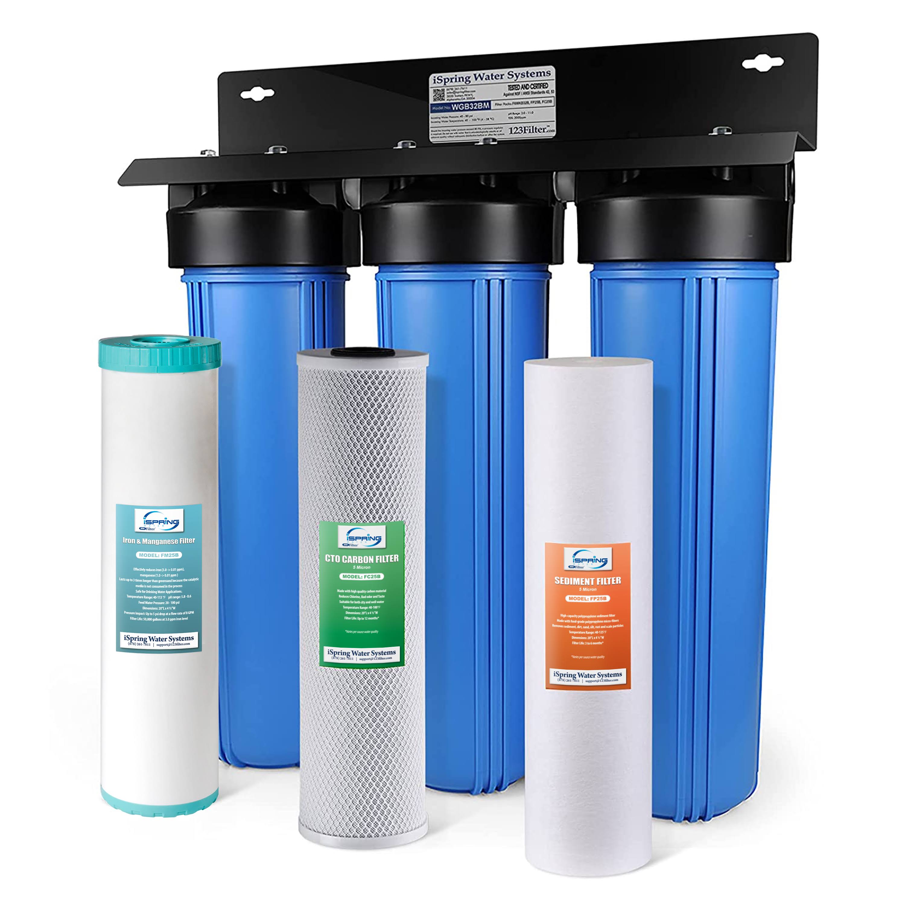 iSpring WGB32BM 3-Stage Whole House Water Filtration System w/ 20-inch Sediment, Carbon Block, and Iron Manganese Reducing Filter