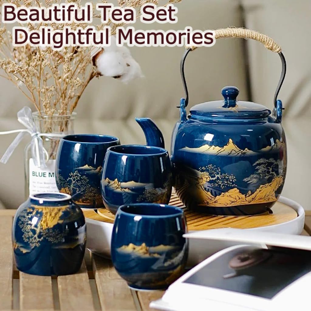 Japanese Tea Set of 6, 40oz Blue Porcelain Teapot and 6 Cups, Gold Hand-Painted Teaware with Stainless Steel Infuser and Tray, Traditional Style Gift for Tea Lovers, Mother's Day, Birthday