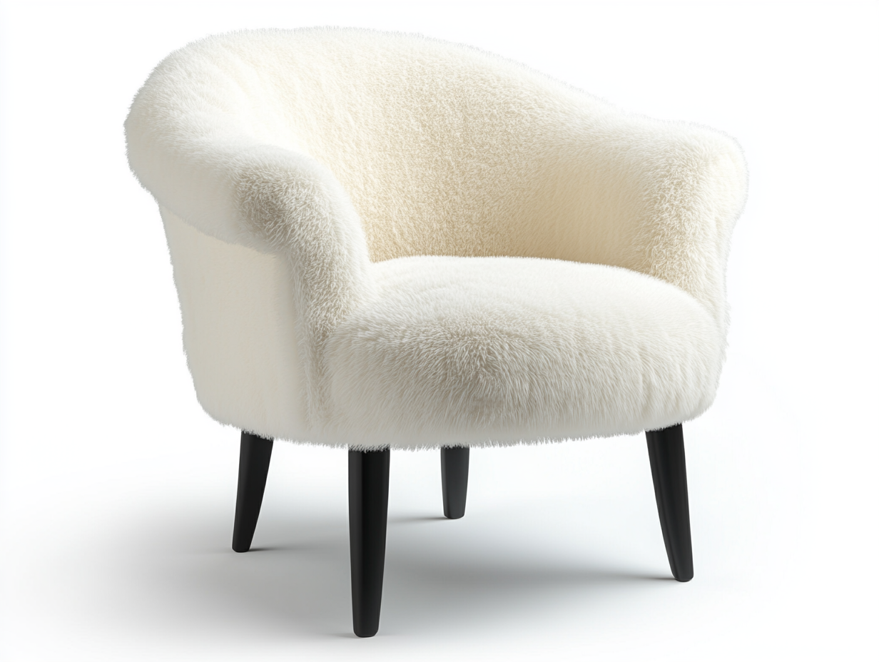 Sillón moderno y elegante con patas negras y tapizado en tela de felpa blanca.