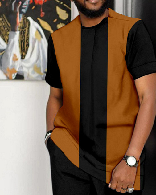 Suitmens Men's Colorblock Print Short Sleeve Sports Walking Suit -310