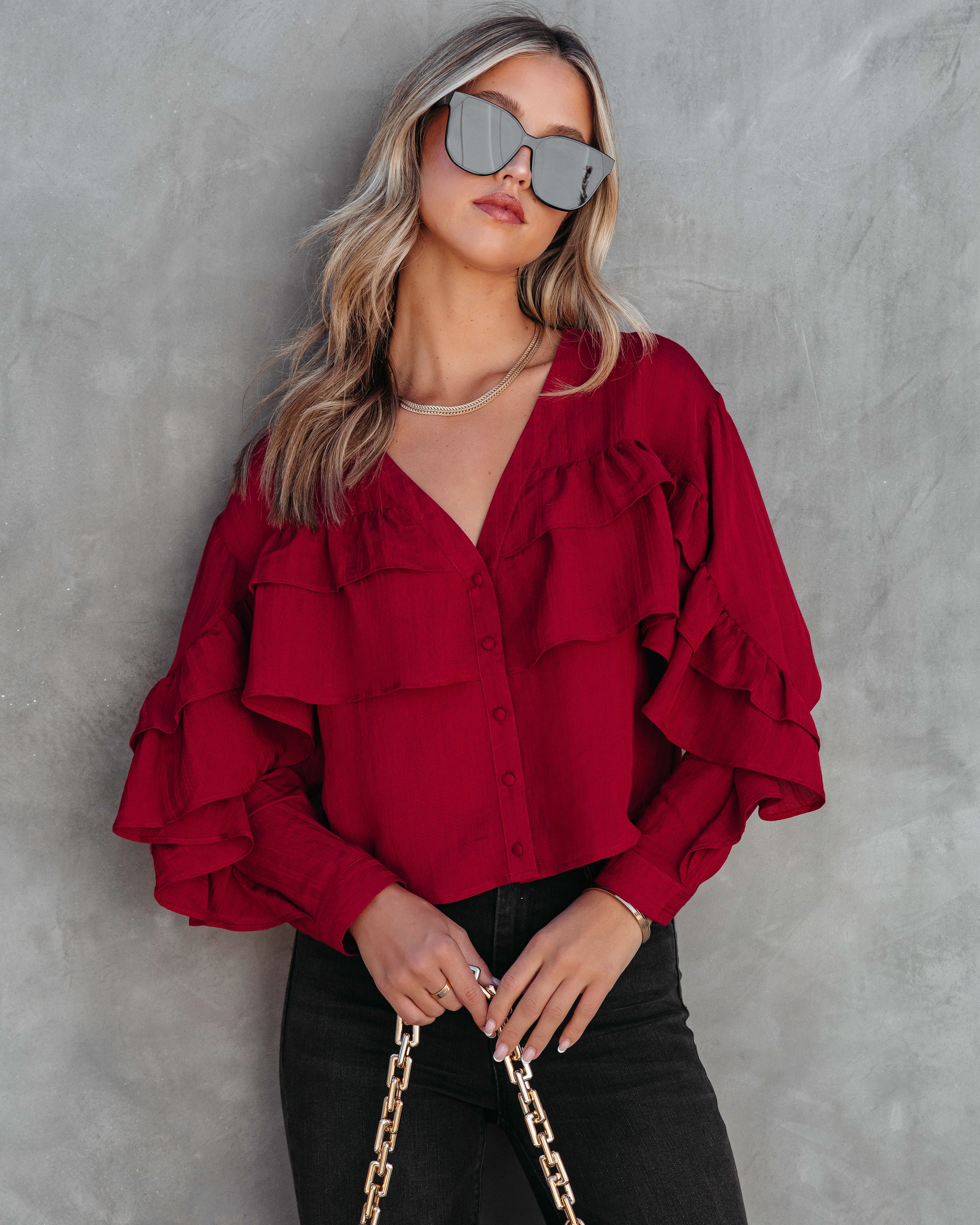 Mary Ruffle Button Down Top - Wine - Se7enfashion