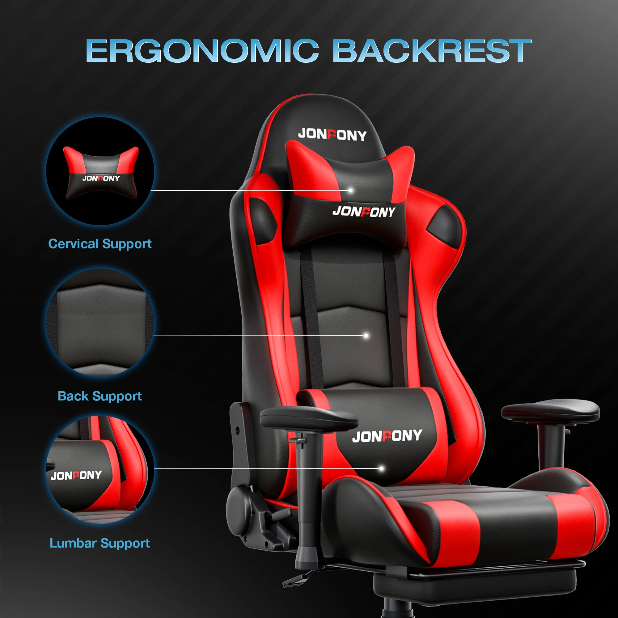 JONPONY Big and Tall 500LBS Gaming Chair, Ergonomic Design, Gamer Chair PU Leather with Footrest and Lumbar Support, High Back Office Chair Support 8 Hours Long Sitting,Red Computer Chair,Red - Image 10