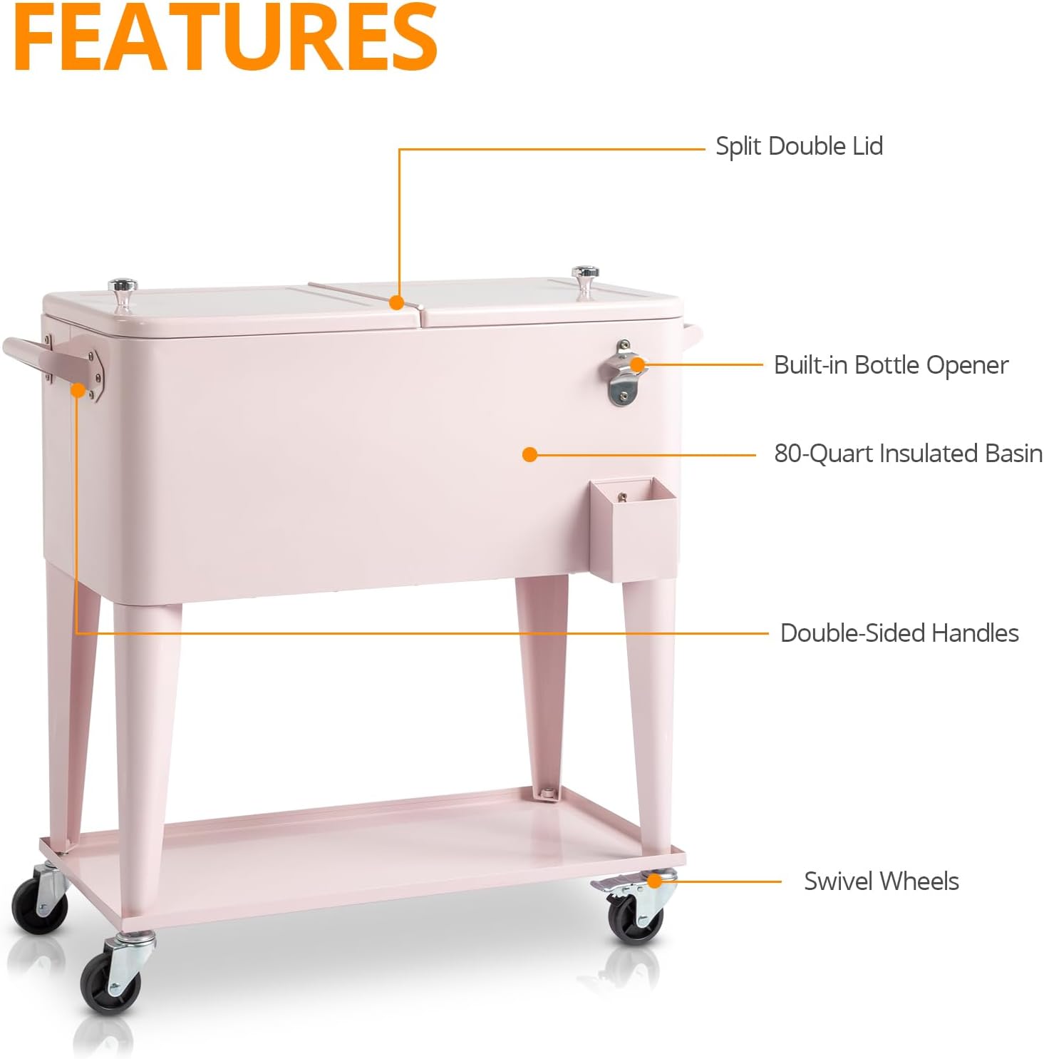 80 Quart Rolling Ice Chest, Portable Bar Drink Cooler with Catch Basin, Bottom Storage Tray and Bottle Opener for Patio Party BBQ Beach Activities - Image 6