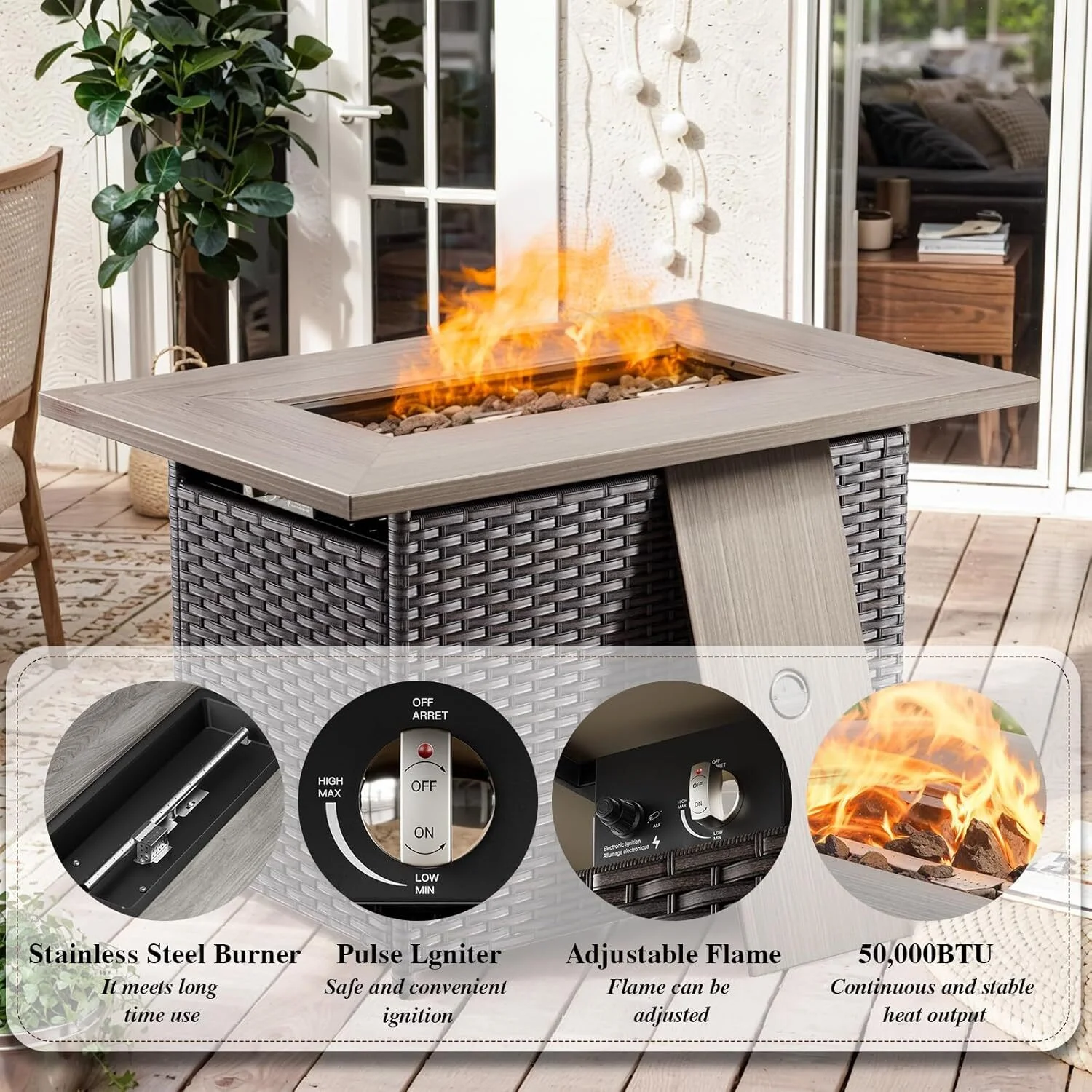 Bellefurn Outdoor Patio Furniture Set with Fire Pit and Swivel Rocker Chair,High-Back Wicker Outdoor Conversation Sets with 3 Seater Couch and Side Table Set for Porch,Deck,Garden - Image 12