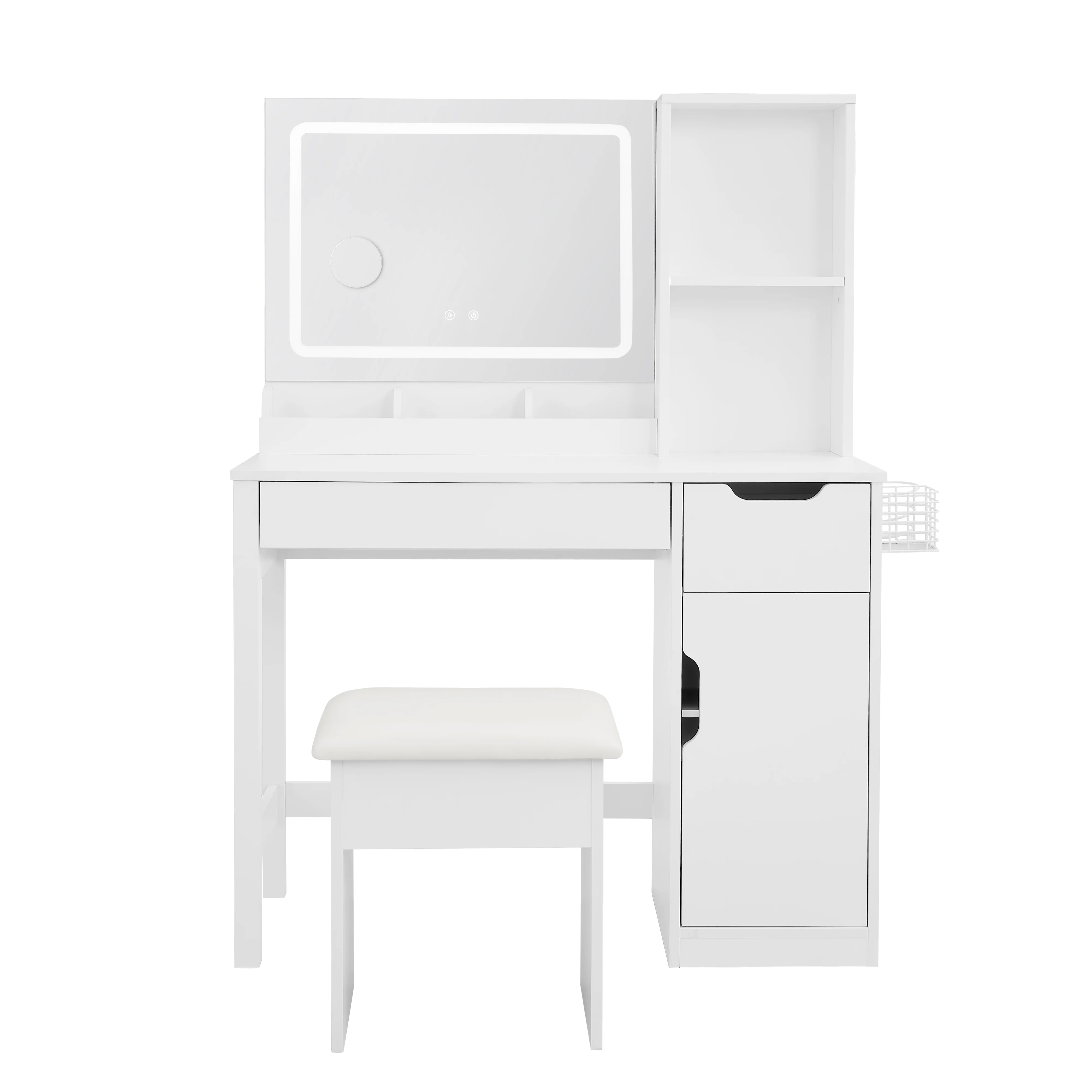 Mainstays Get Ready with Me GRWM Deluxe 2-Piece Vanity and Stool with Lighted Mirror and USB Power, White Finish - Image 6